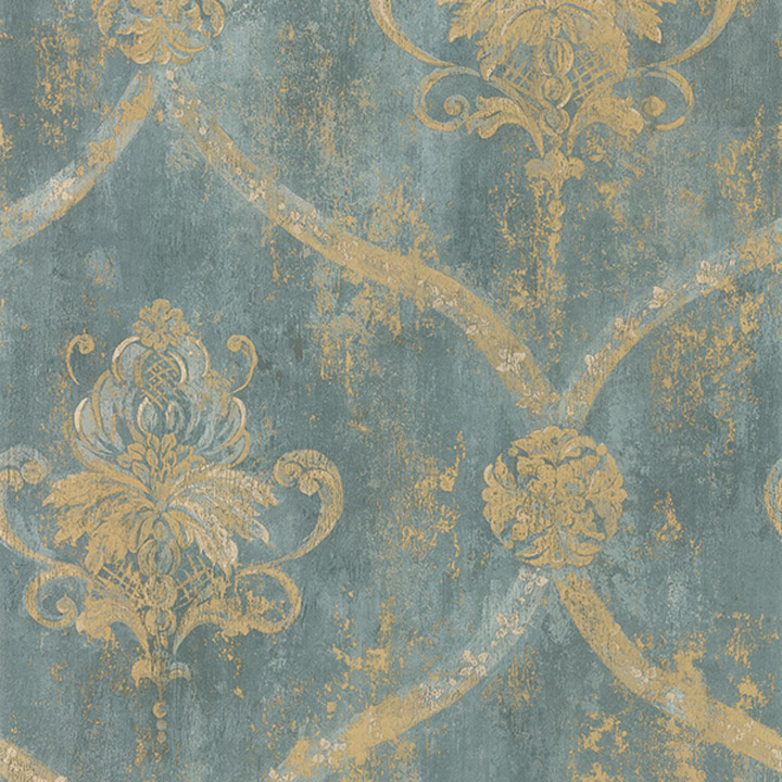 Details About Wallpaper French Faux Aqua Blue Large Damask With Gold