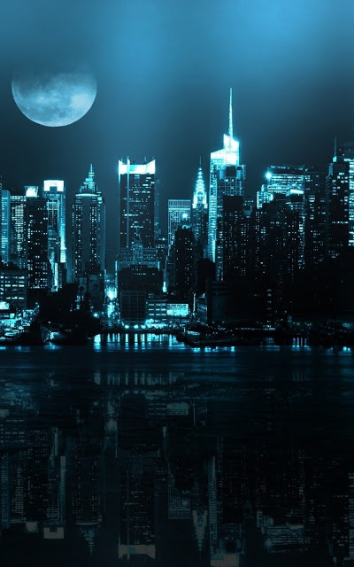 Android Wallpaper Blue City Skyline Full Moon Ultra Pixel Shots