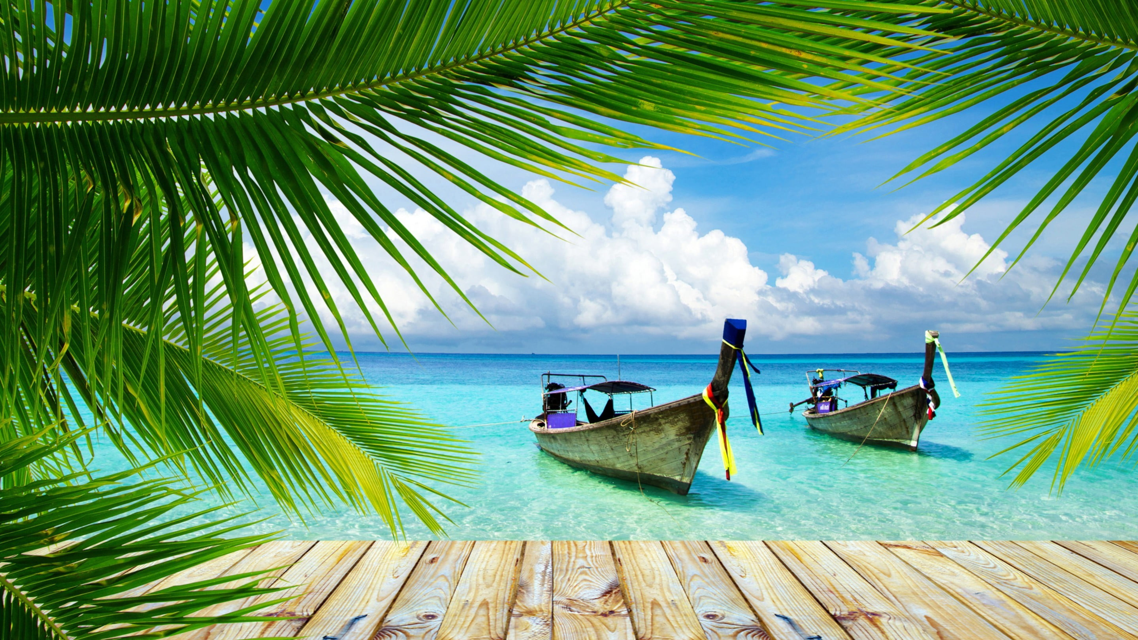 Boat Palm Tree Tropical Beach Landscape 4k Multi Display Wallpaper