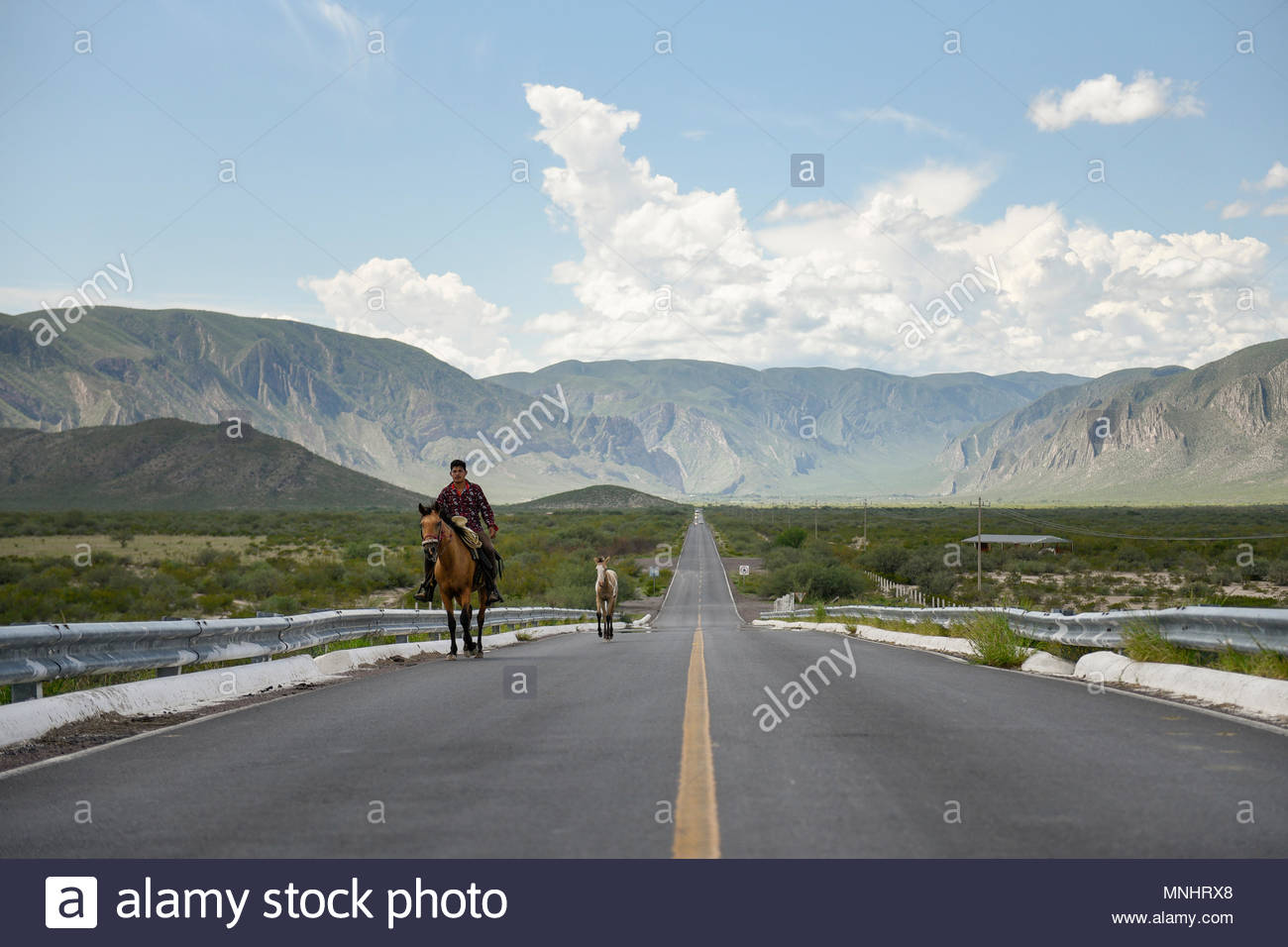 Front Of Man Riding Horse Along Road With Mountains In