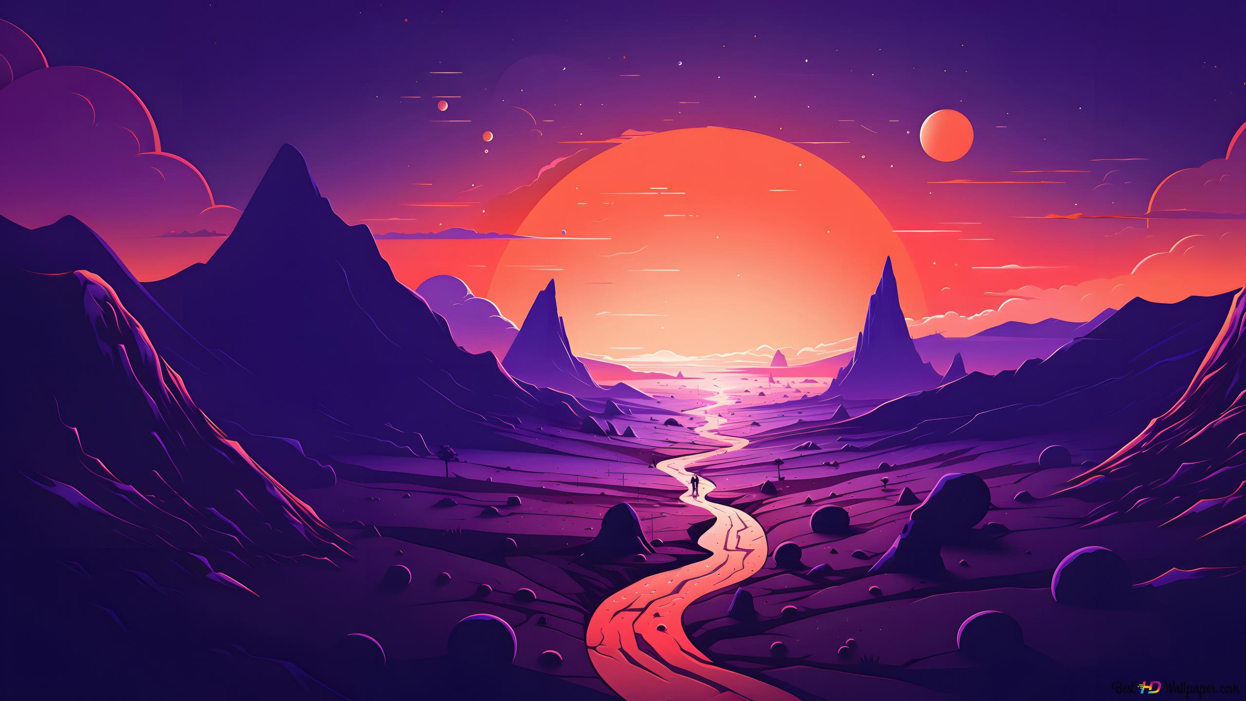 A 4k digital art wallpaper featuring a vibrant, otherworldly landscape. A winding river flows through a purple valley towards a large, orange sun. Sharp, triangular mountains rise in the background, and smaller planets are visible in the sky. The scene evokes a sense of adventure and exploration