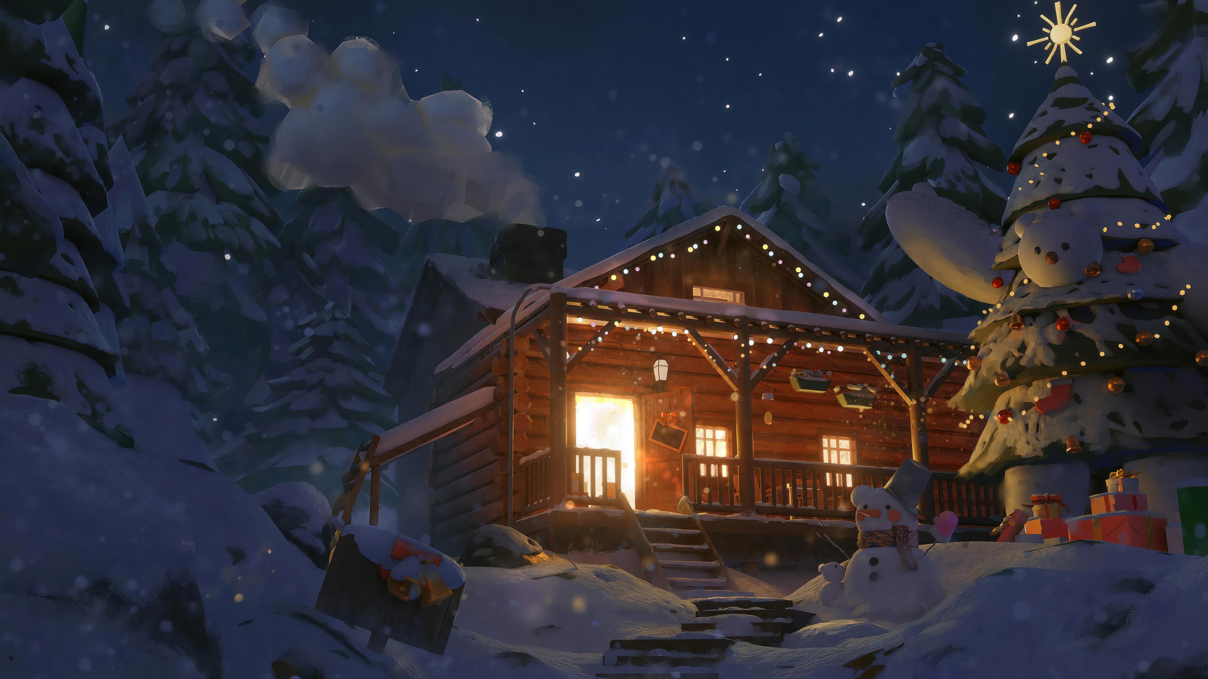 Winter Cabin Christmas Tree Snowman Night 4K Wallpaper iPhone HD