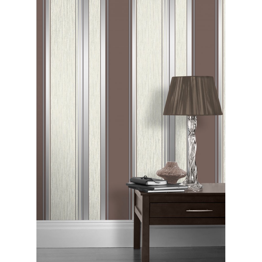 Striped Designer Feature Wallpaper Brown Silver White Stripe