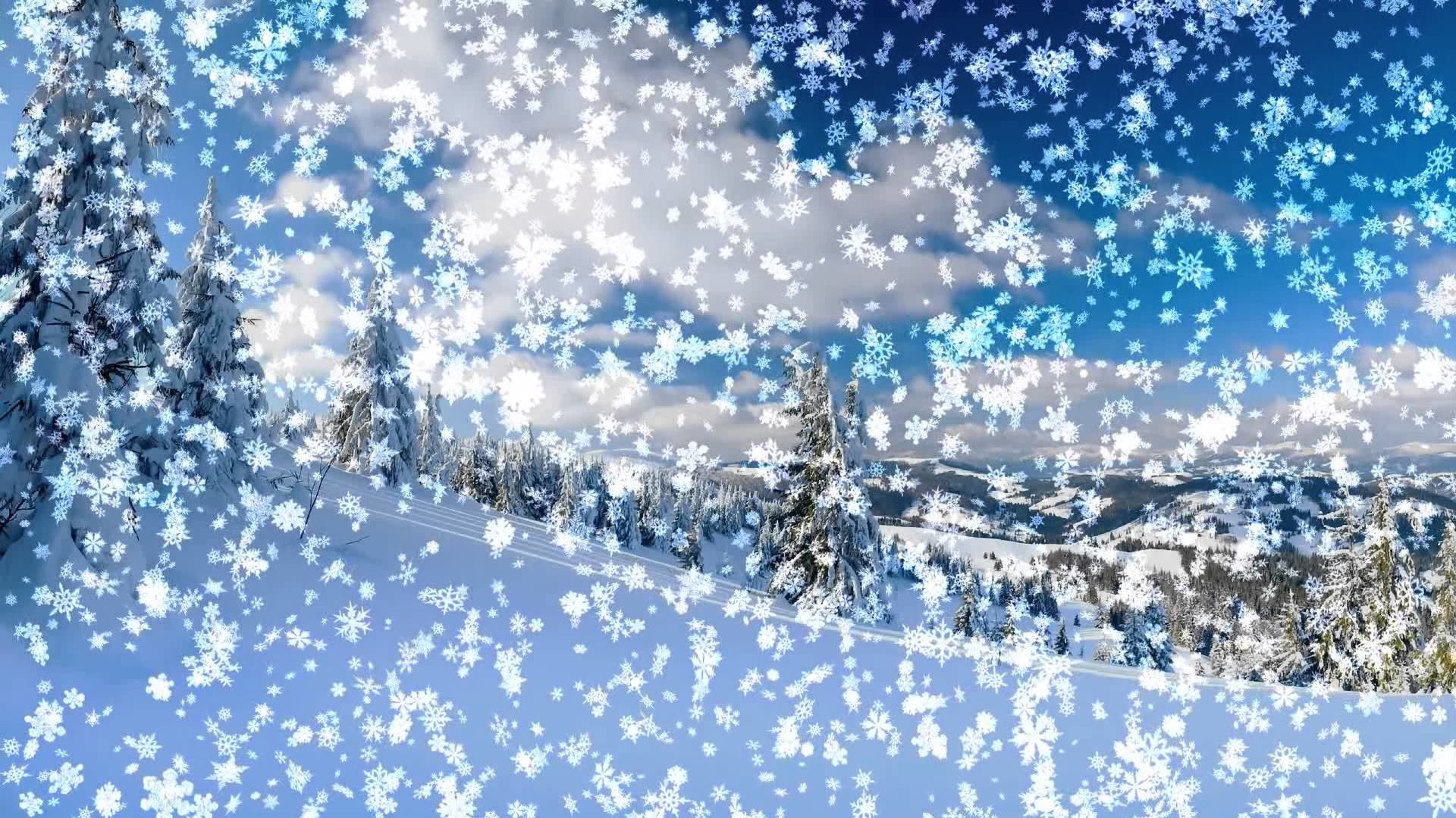 Snowflakes falling on a snow-covered mountain landscape