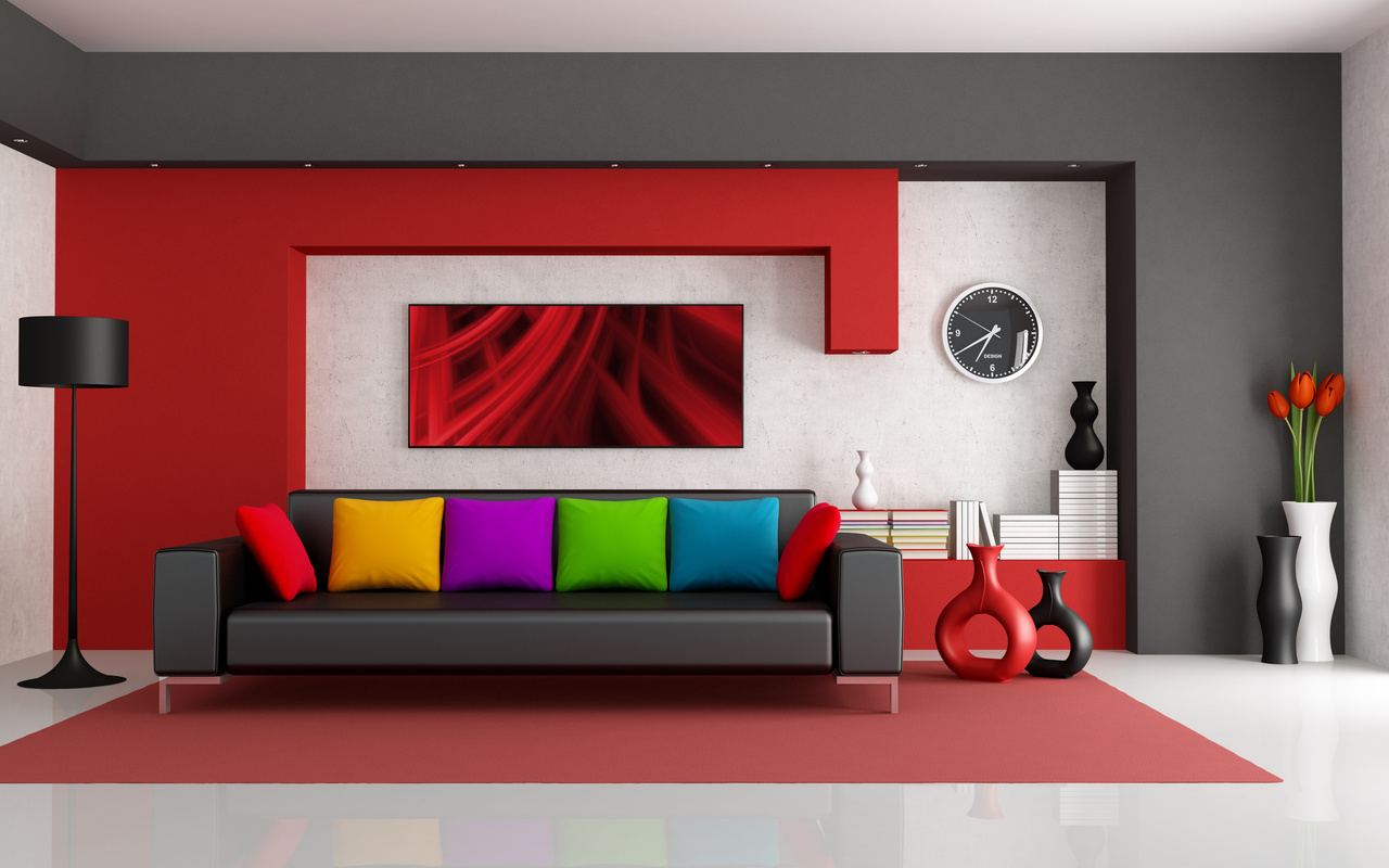 Interior Design Leather Sofa And Colorful Pillows HD Desktop Wallpaper