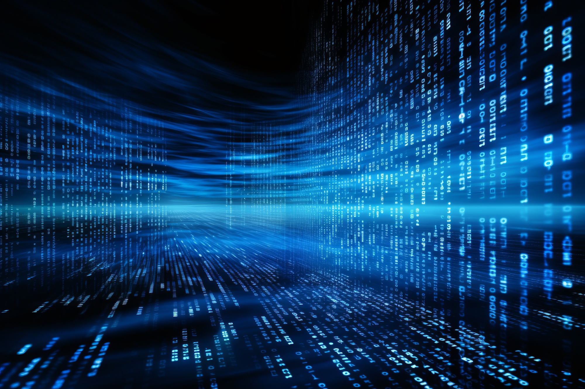 Abstract digital futuristic background with binary code streams flowing in perspective. Concept of big data, cyberspace, and technology