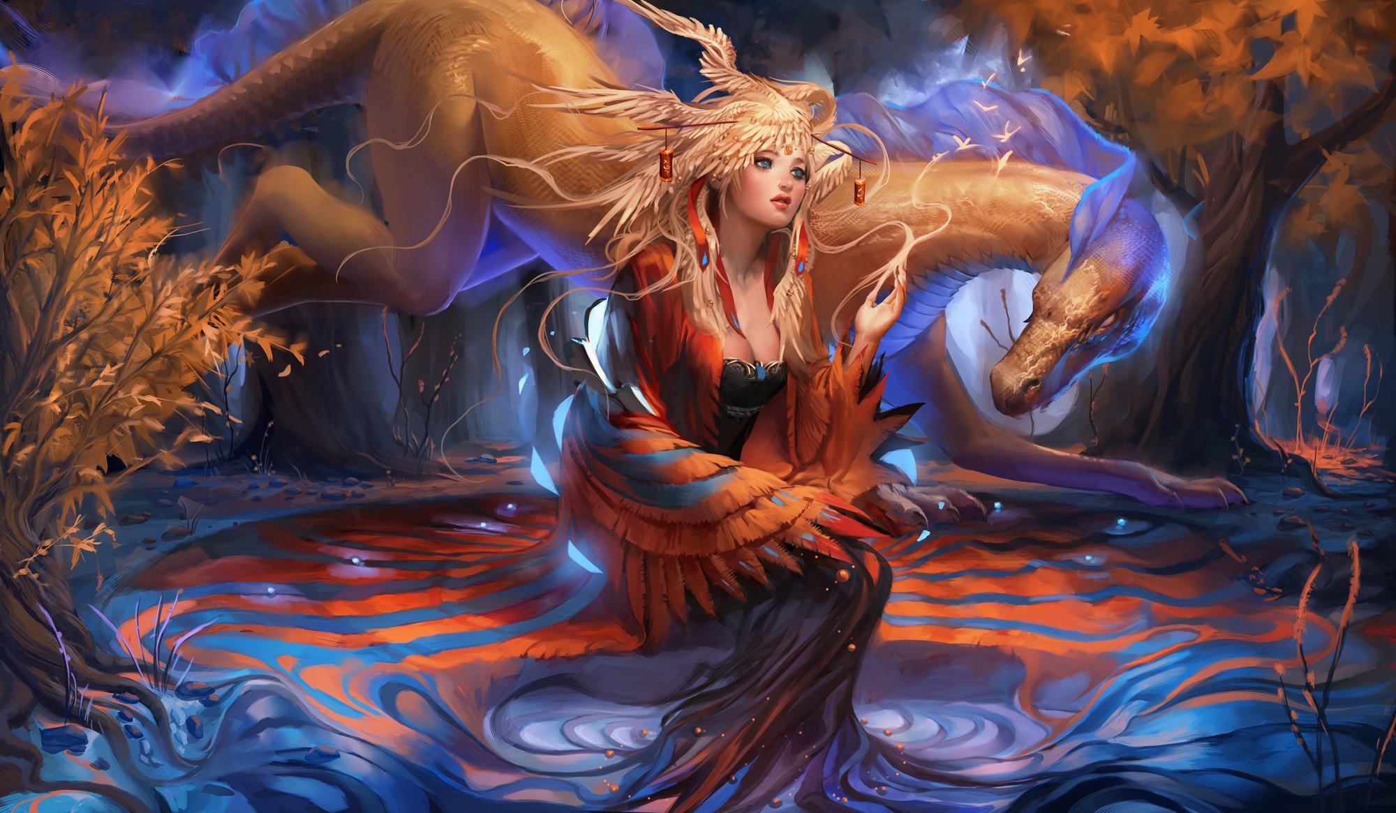 Fantasy Art Girl Dragon Forest Princess Magic Wings Wallpaper
