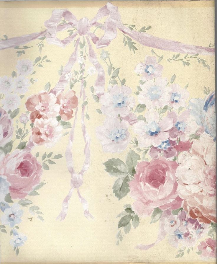 Flower roses pink blue silk ribbon bow swag wallpaper border on cream