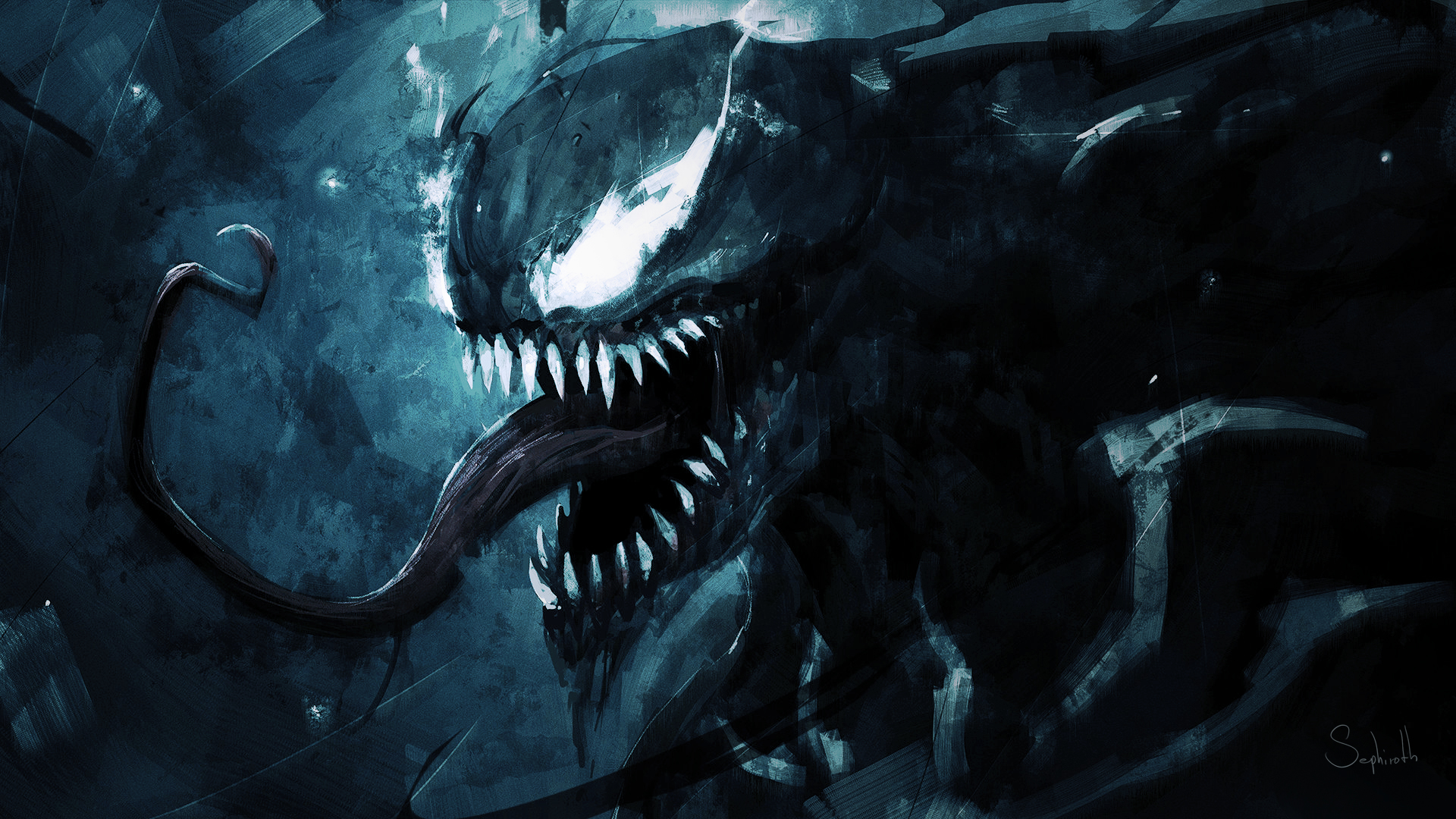 A menacing close-up of Venom, the Marvel Comics anti-hero, with his sharp teeth and long tongue, against a dark and textured backdrop
