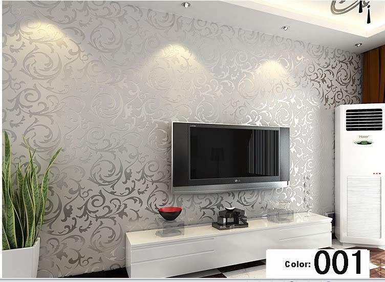 silver striped wallpaper living room