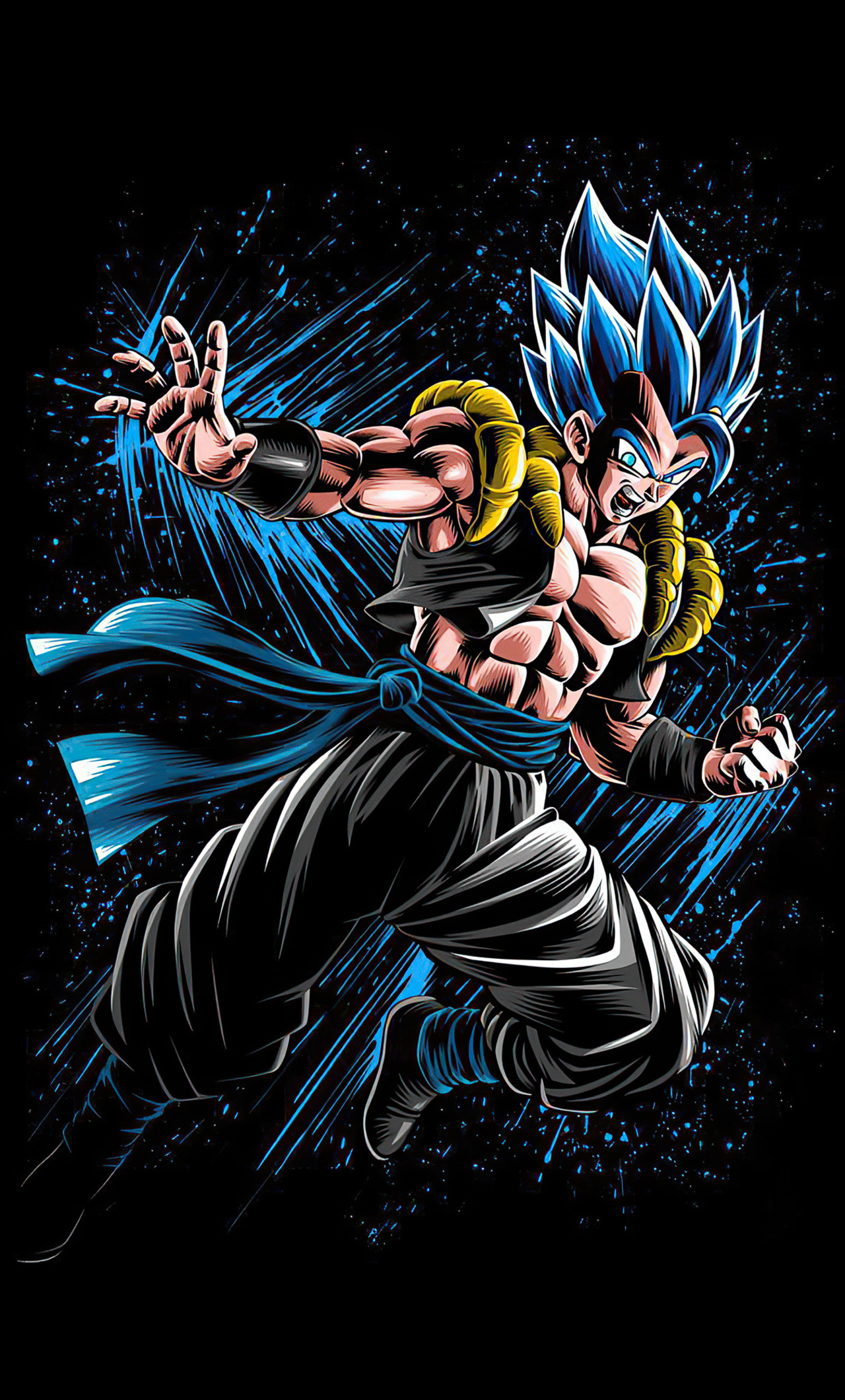 Dynamic illustration of Super Saiyan Blue Gogeta in mid-flight, radiating power from Dragon Ball Z