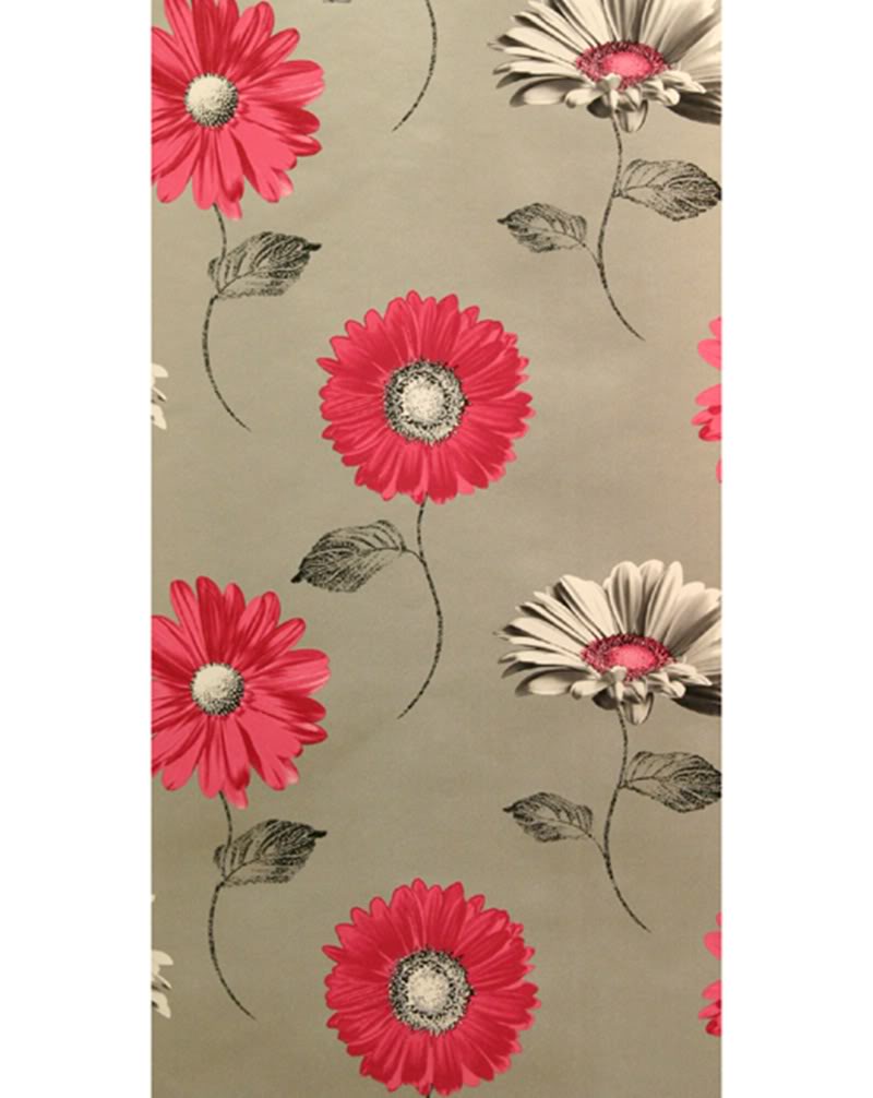 Floral Feature Retro Wallpaper   Metallic Silver Pink Large Flower