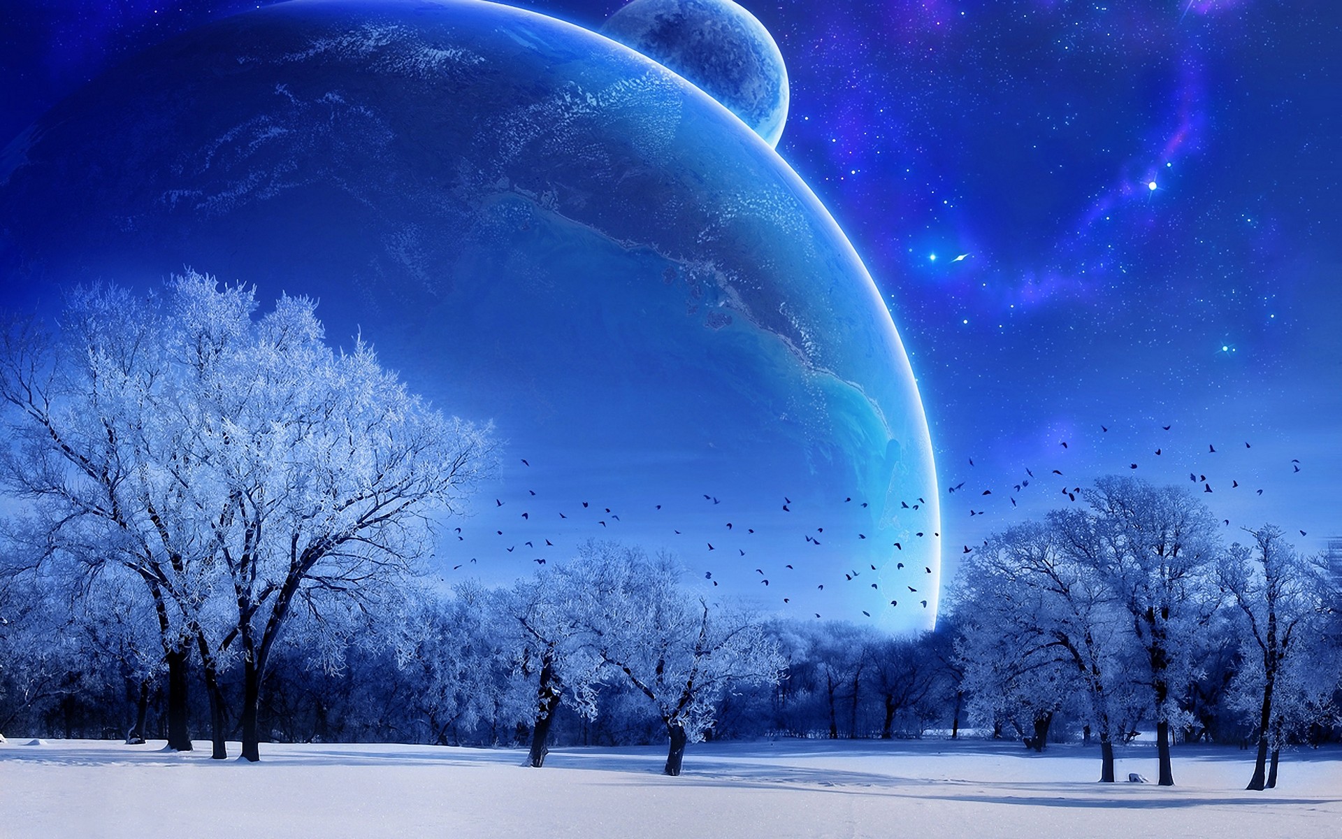 Winter Space Wallpaper Desktop Fantasy Ice Frozen Snow Covered Forest