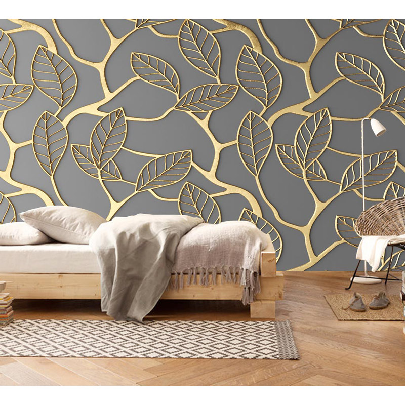 Home Hotel Decor Wall Papers Stickers 3d Embossed Golden Leaves