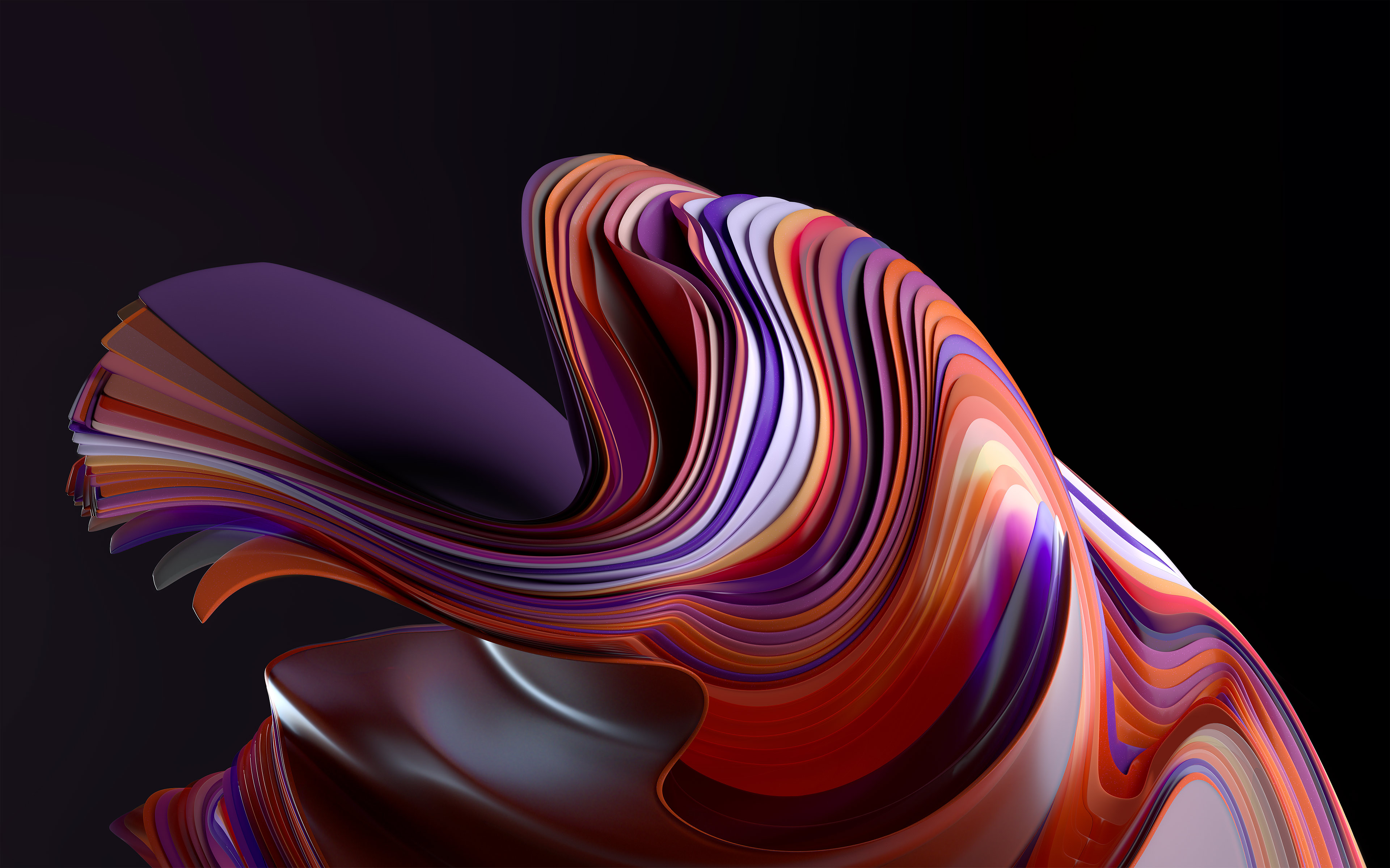 Abstract 4K Windows Wallpaper with flowing, layered shapes in shades of purple, orange, and red