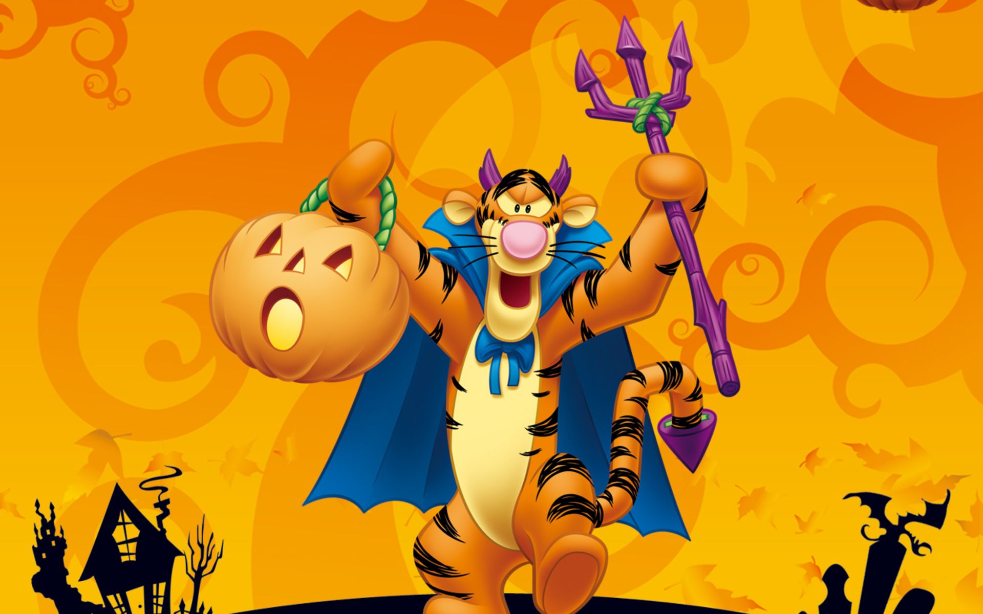 Tigger dressed up for Halloween with a devil costume, holding a jack-o'-lantern and a trident, against an orange Halloween-themed backdrop