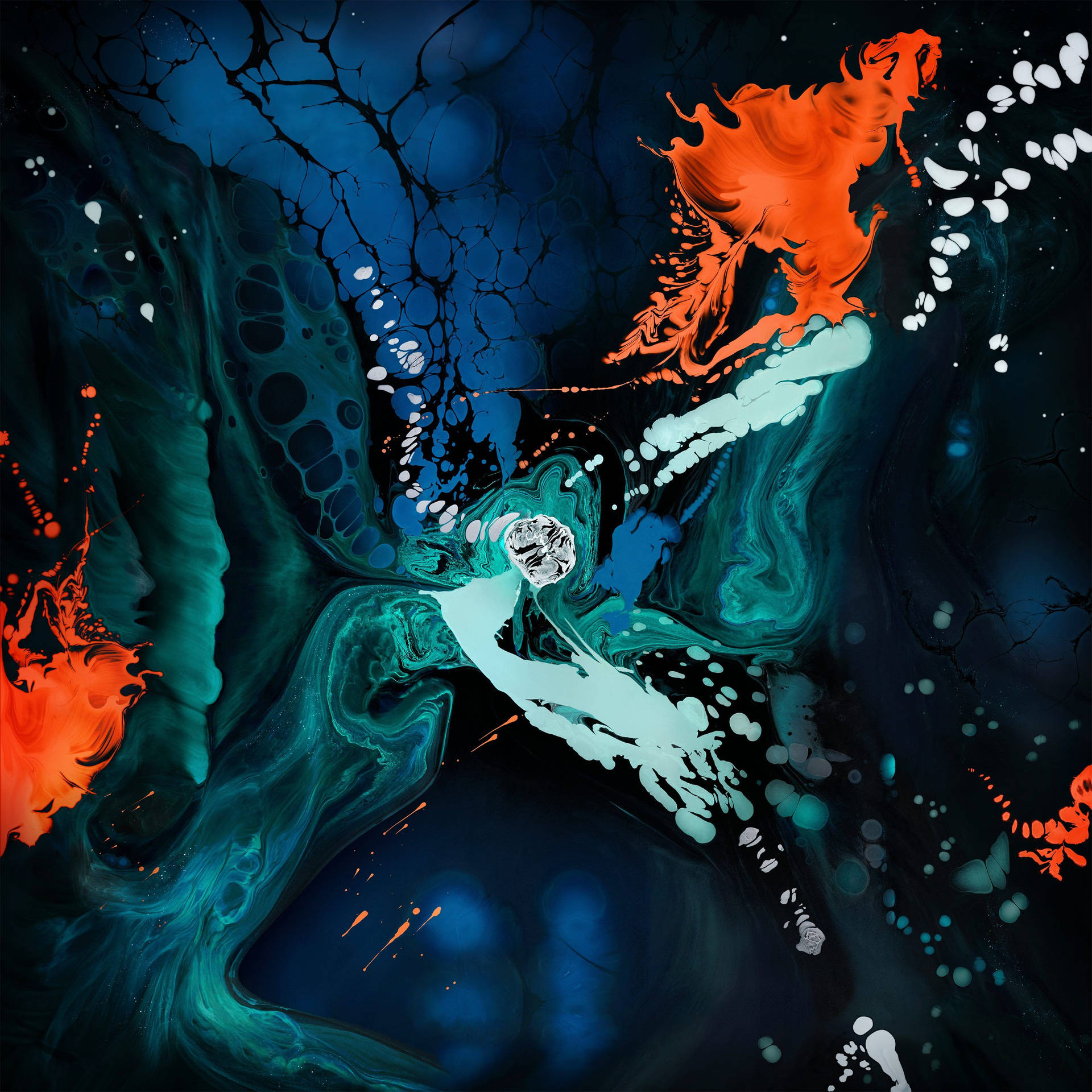 Abstract iPad wallpaper with swirling teal, orange, and white paint on a dark blue background