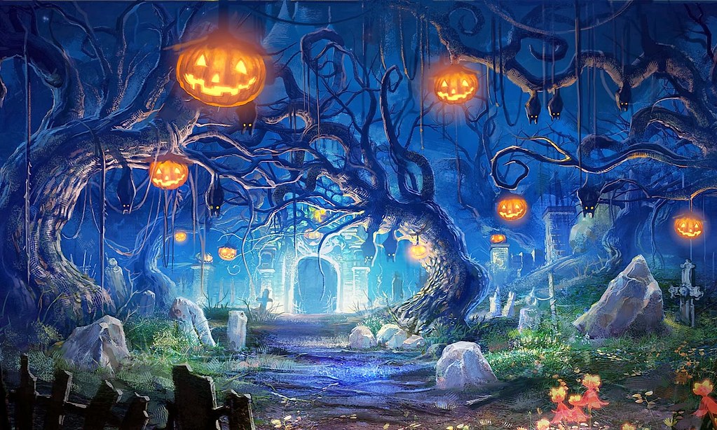 Halloween Haunted Forest Pumpkin Head Graveyard Wallpaper