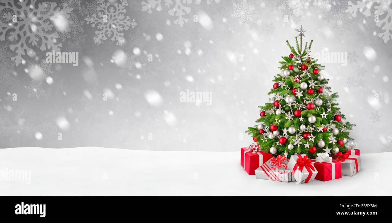 Gorgeous Elegant Christmas Tree With Gifts In Red And Silver On A