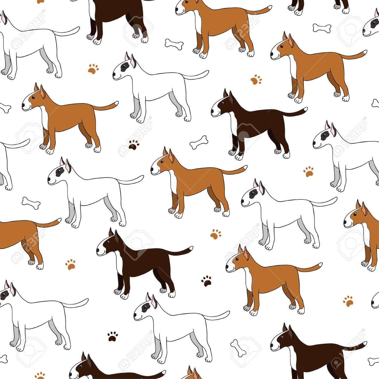 Awesome Seamless Pattern With Cute Cartoon Dogs Breed Bullterier