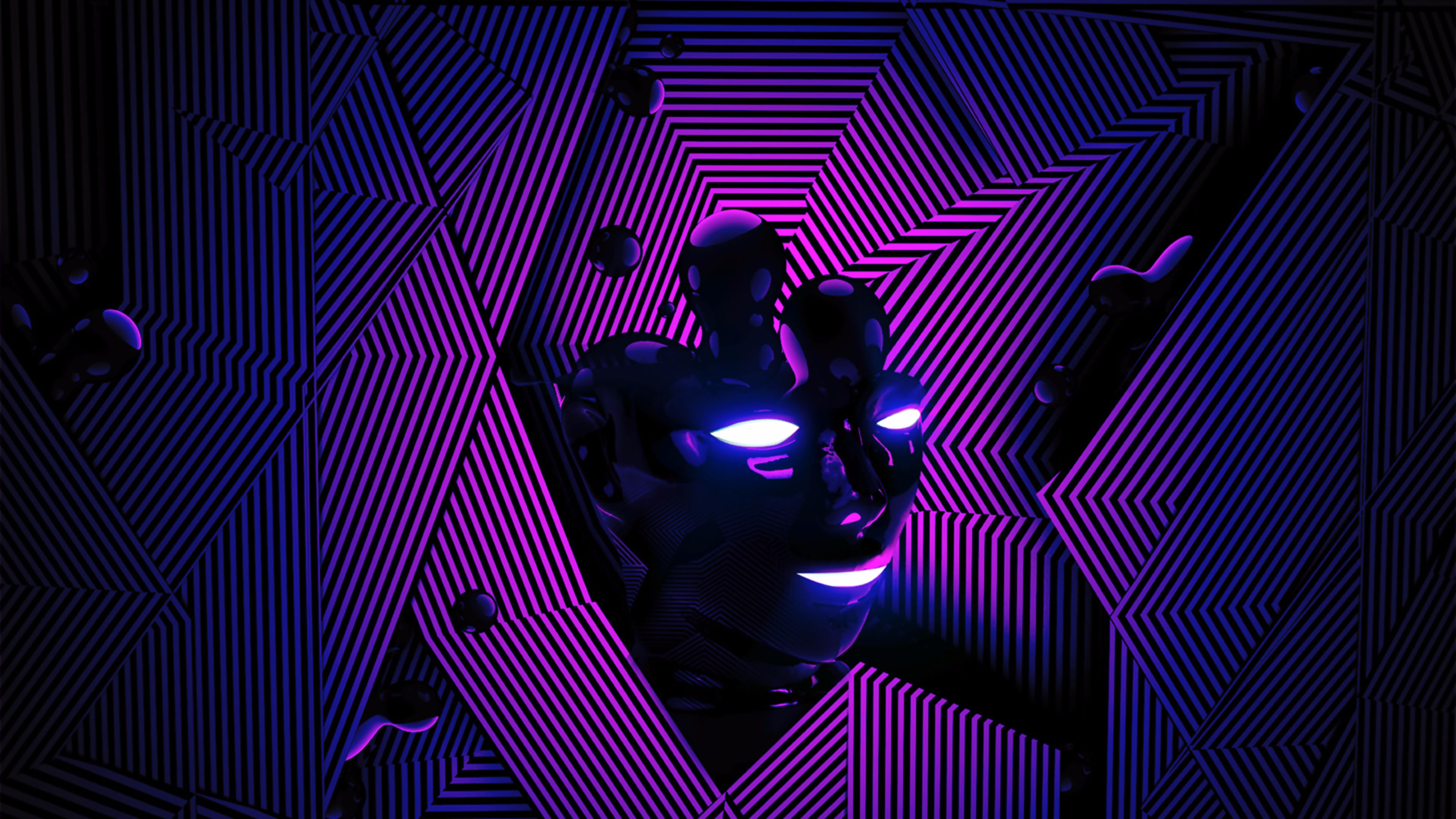Abstract 4K wallpaper featuring a dark, glossy face with glowing eyes and mouth, emerging from a background of vibrant purple and black geometric patterns