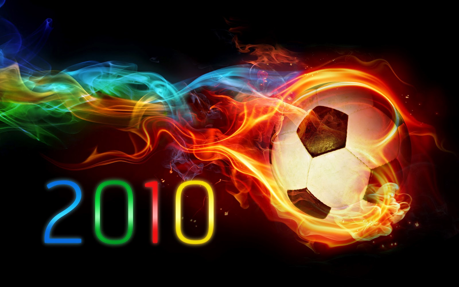 A fiery soccer ball trailing colorful smoke against a black background with the year 2010 in bold colors underneath
