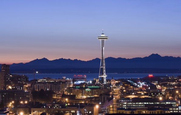 Wallpaper Seattle Tower Night Mountains Space Needle