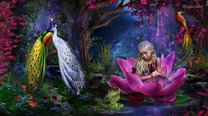Flower Girl Night Garden Bird Magic Fairy Lake
