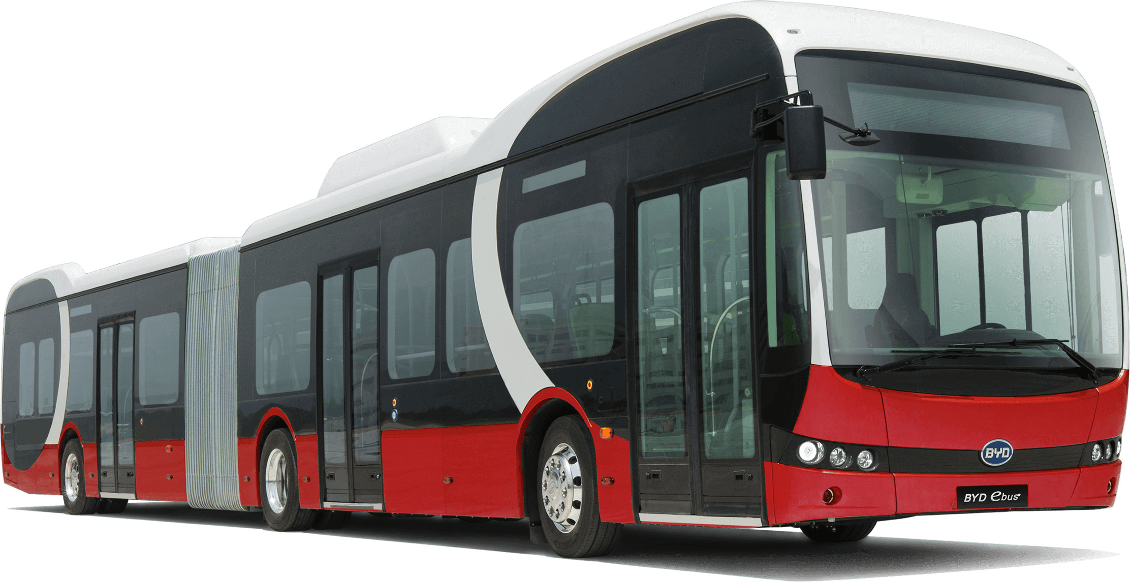 A sleek, modern BYD Shark articulated bus in red and white, showcasing its streamlined design and electric technology