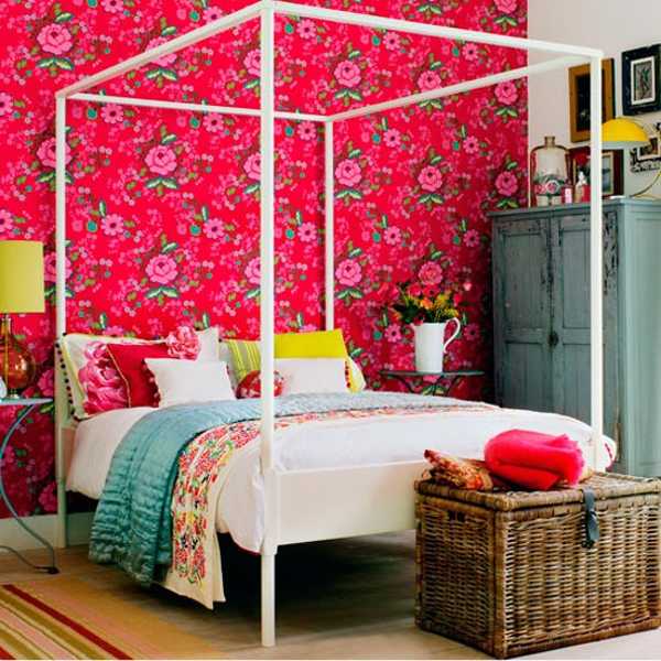 Pink Wallpaper With Floral Design Colorful Bedding And Four Post Bed