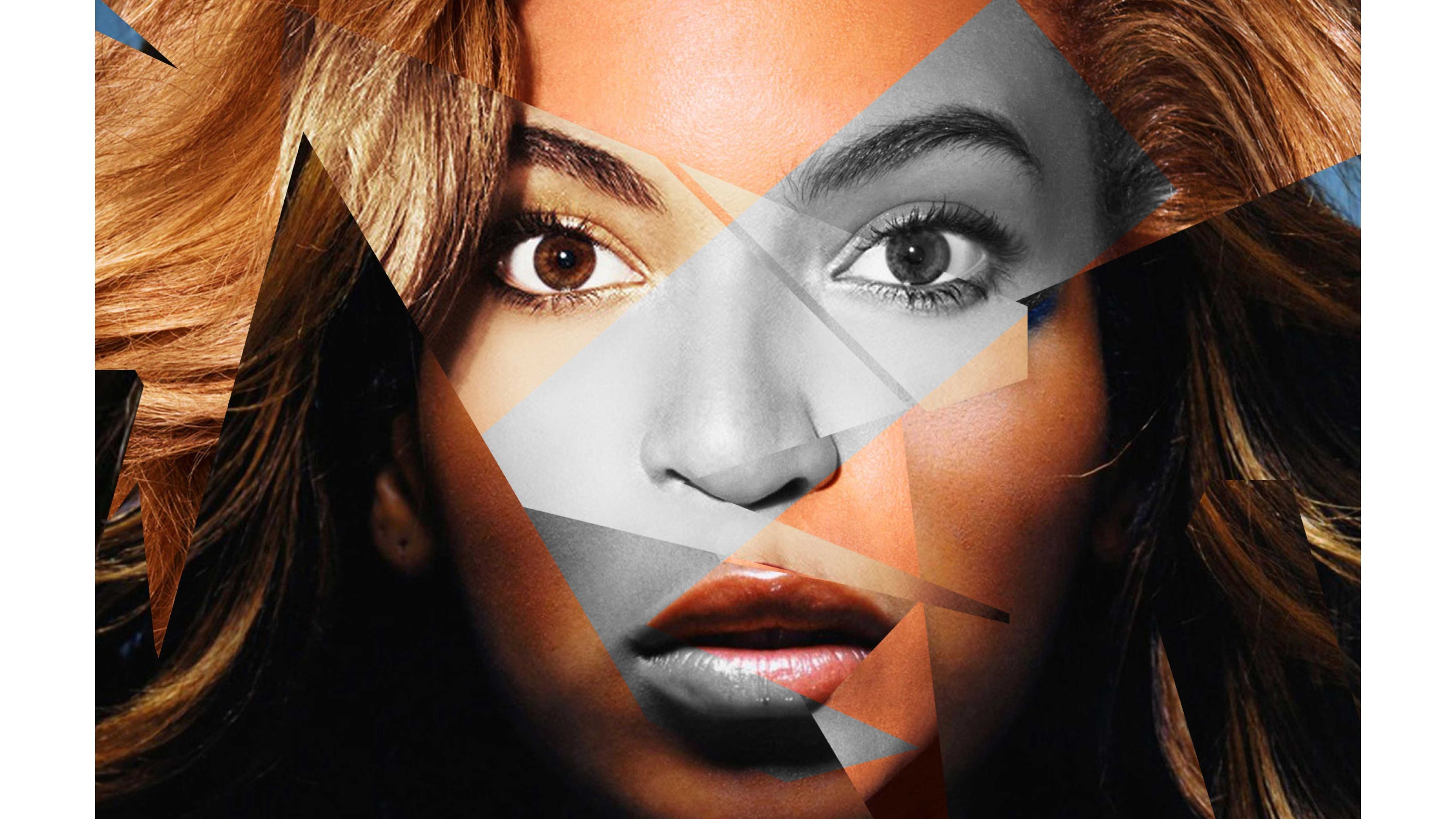 Close-up, fragmented portrait of Beyoncé, highlighting her expressive eyes and captivating gaze