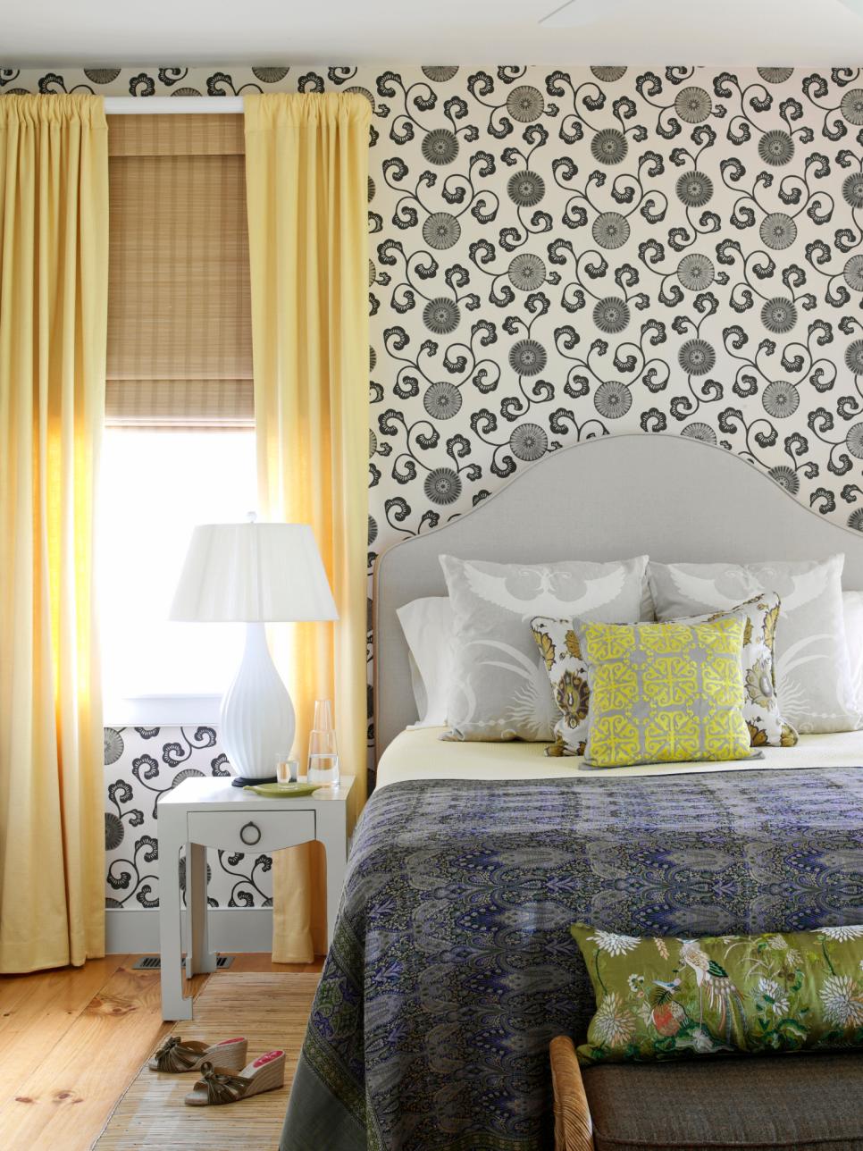 Transitional Bedroom With Black And White Wallpaper Yellow