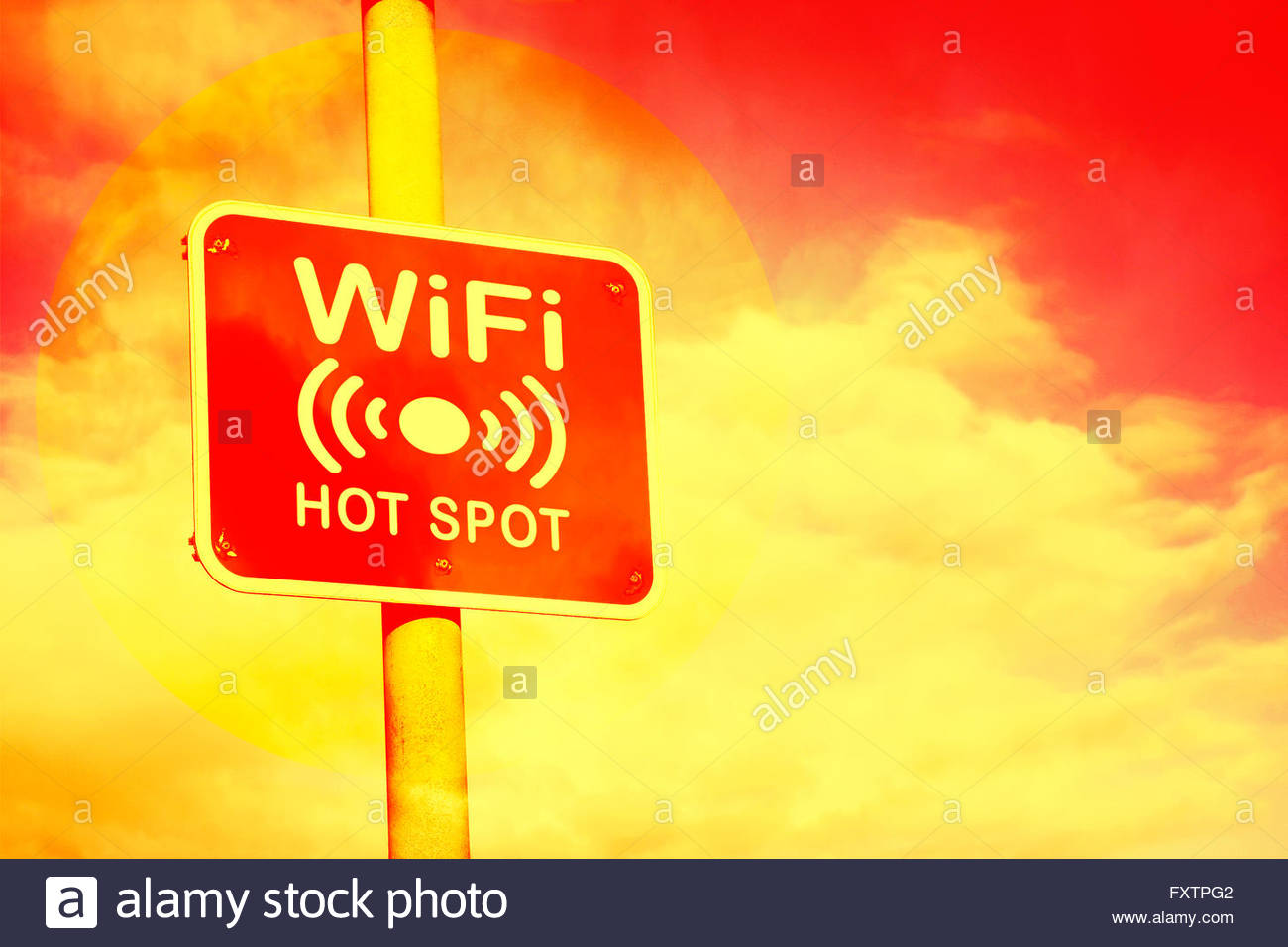 Wifi Hotspot Sign Against A Hot Red And Yellow Background Stock