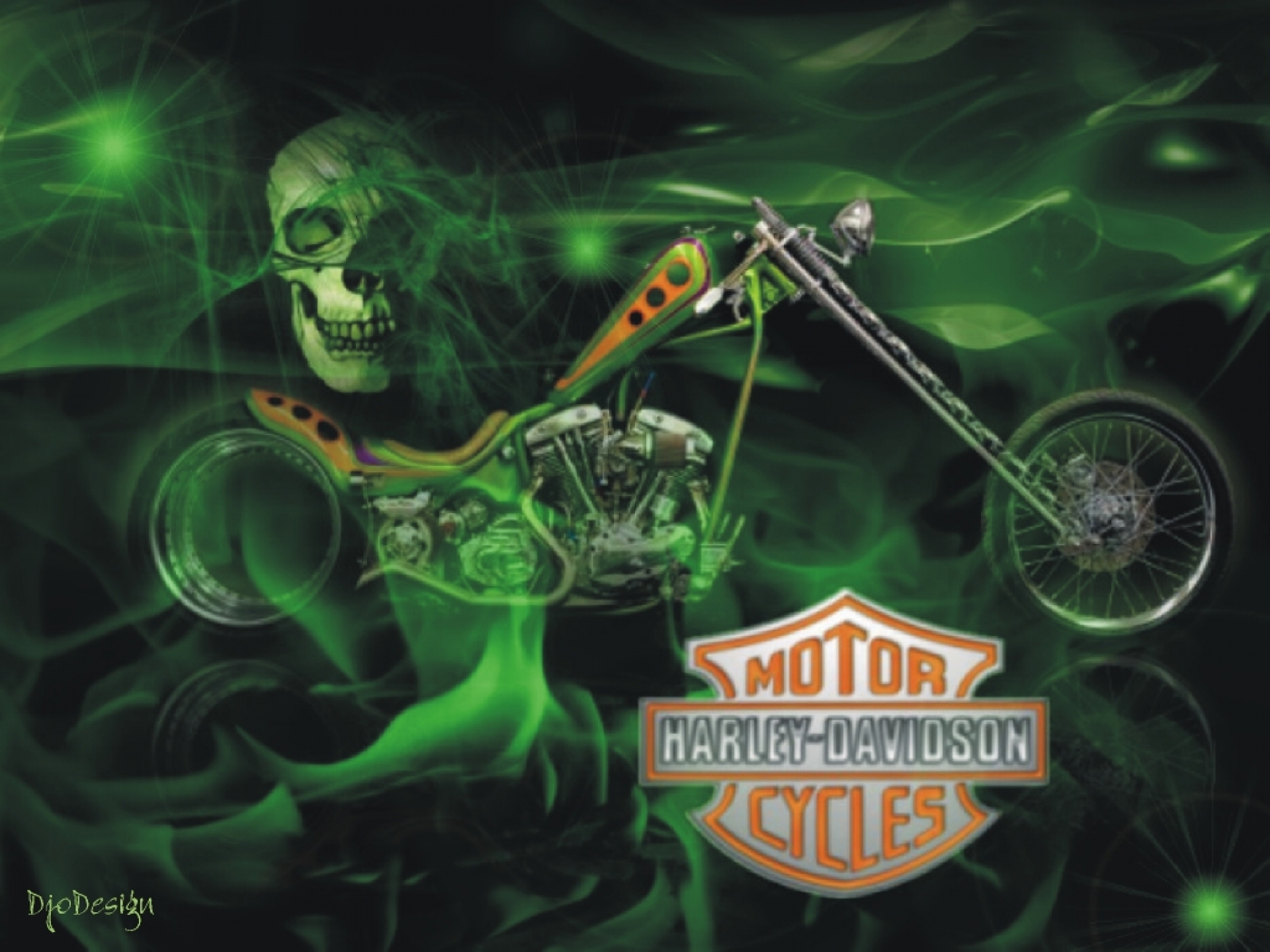 Skull Harley Davidson Green Fire Logo Motorcycle