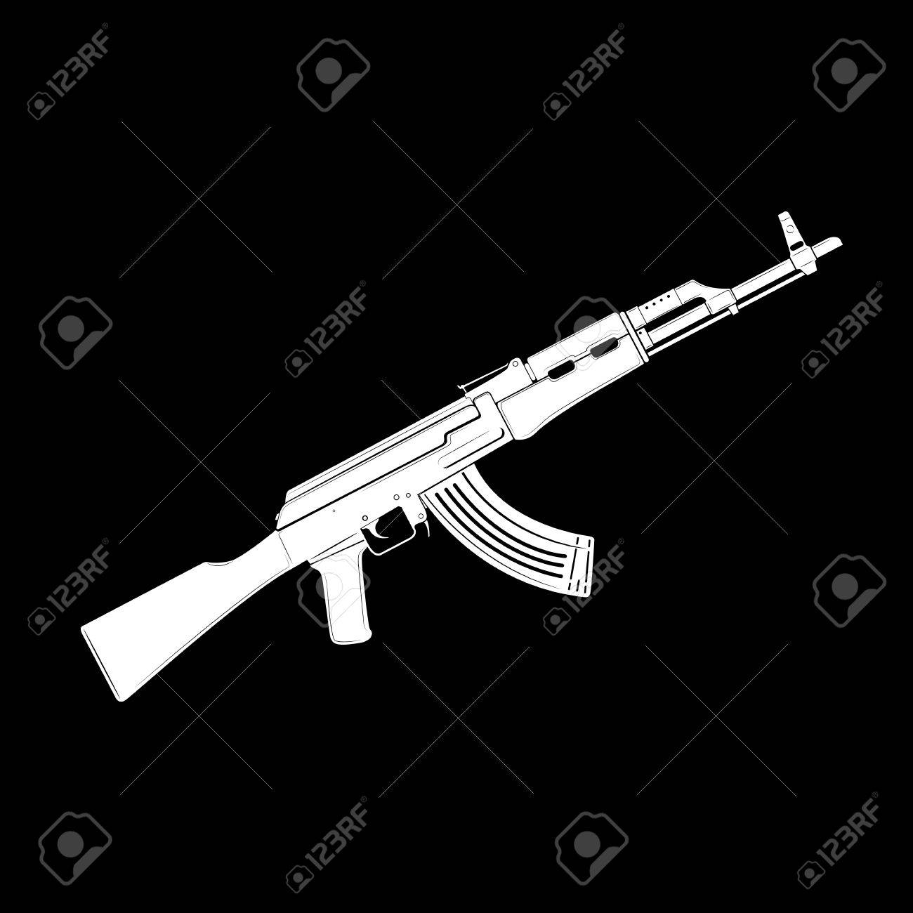 White Vector Kalashnikov Assault Rifle Icon On Black Background