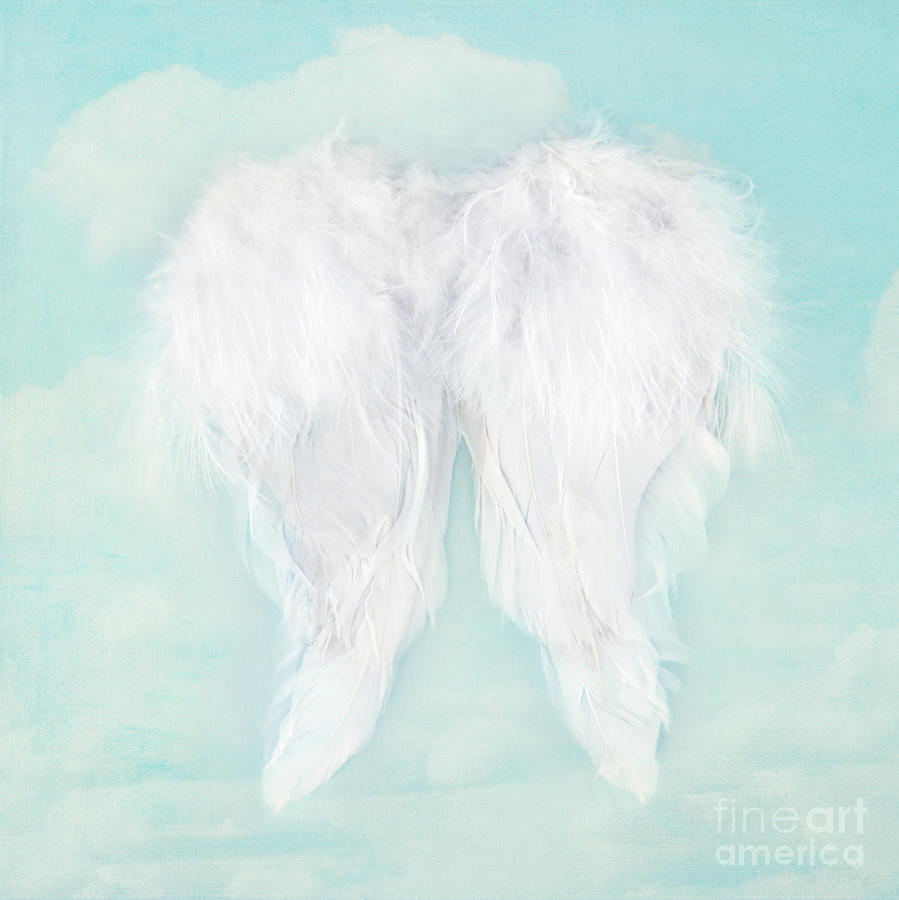 White Angel Wings On Textured Sky Background By Anna Mari West