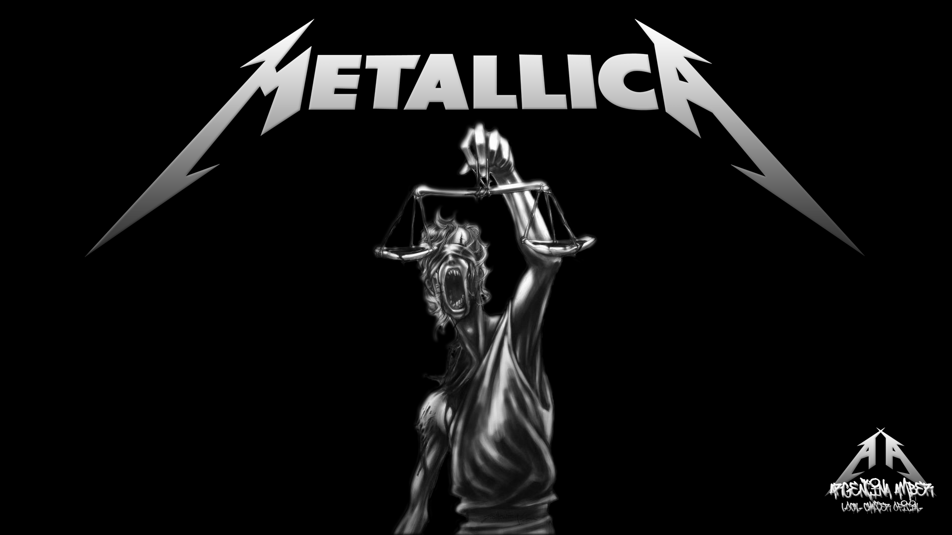 A stylized grayscale depiction of Lady Justice holding scales, set against the Metallica logo, blending themes of law, metal music, and the band's aesthetic