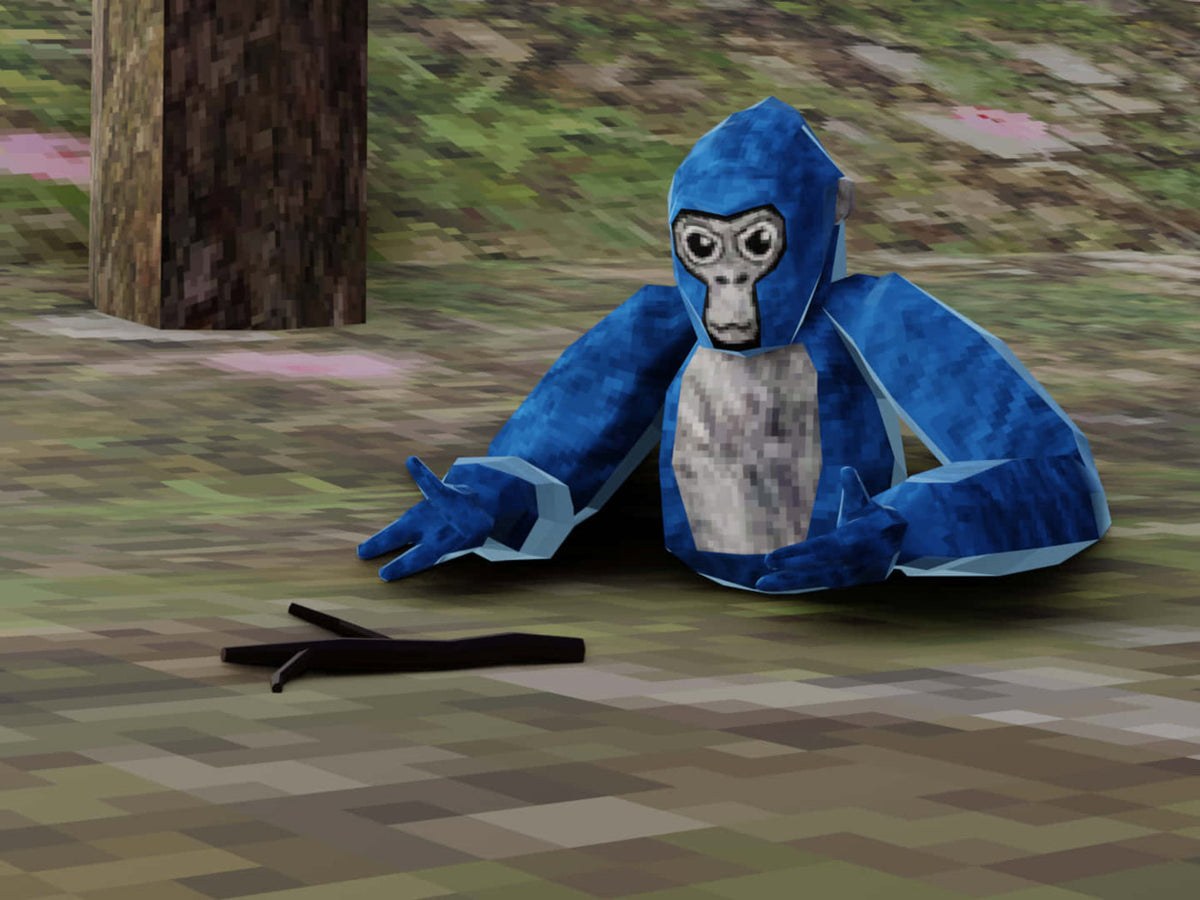 Low-poly blue gorilla from the game Gorilla Tag lying on the ground