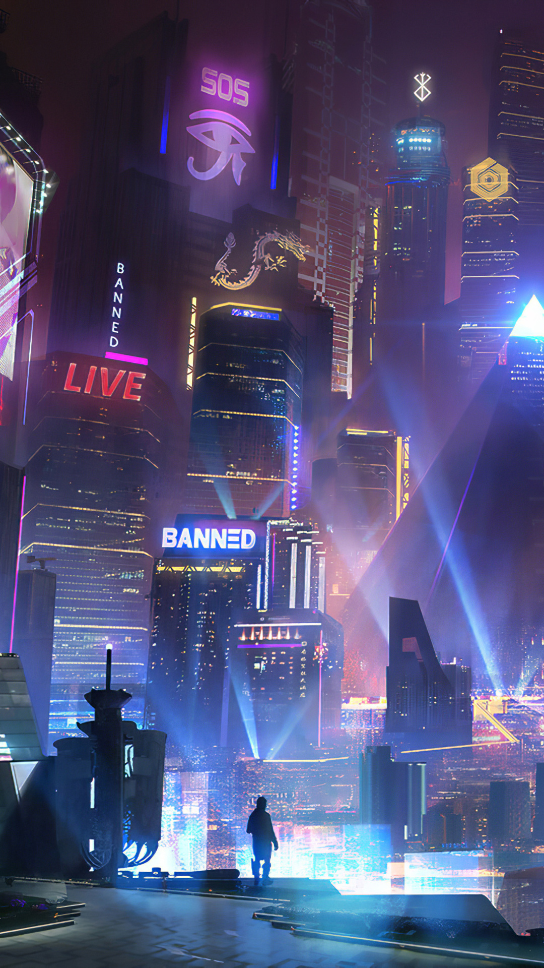 A cyberpunk cityscape at night, illuminated by neon signs and bright lights. A lone figure stands on a rooftop, overlooking the futuristic metropolis