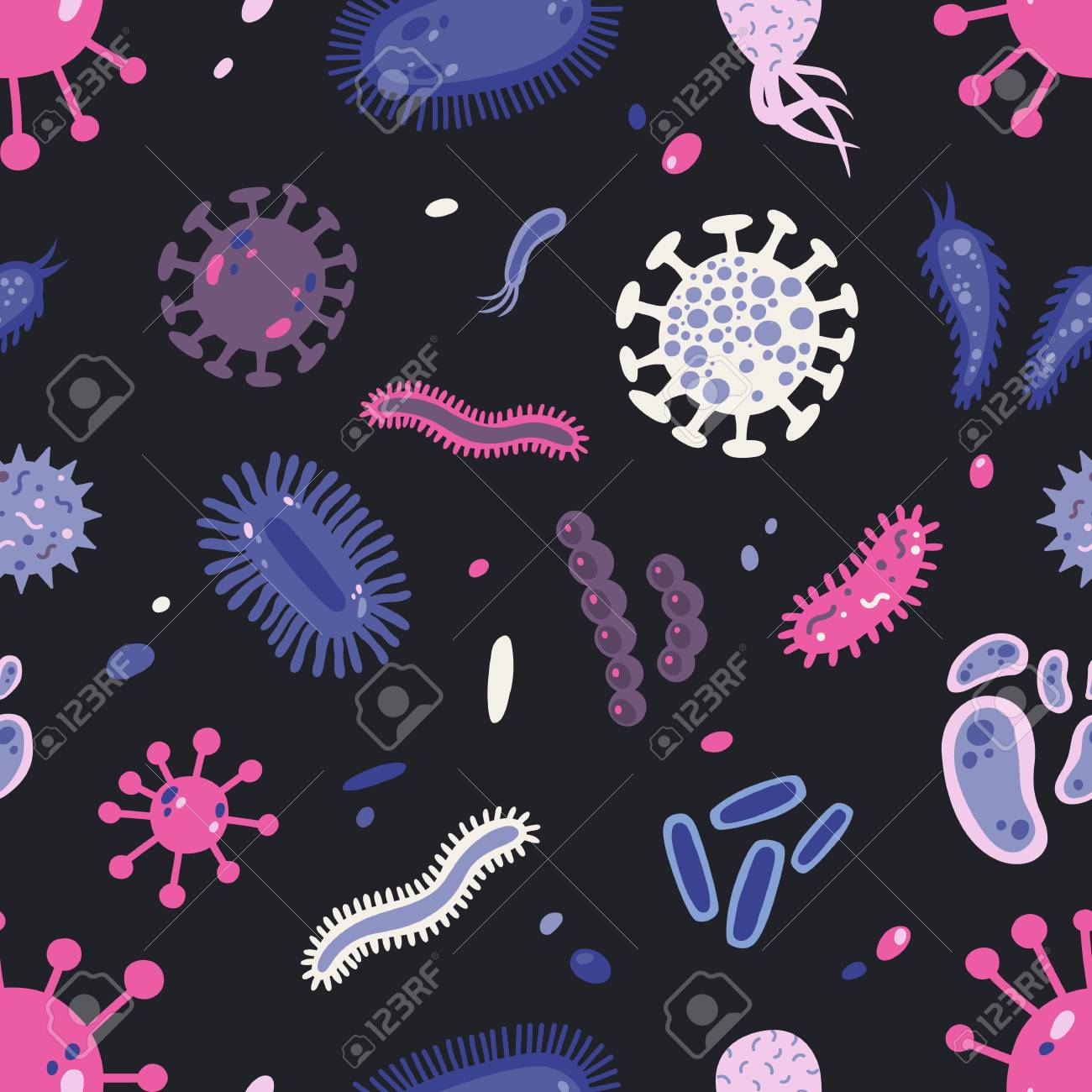Seamless Pattern With Various Microorganisms Isolated On Black