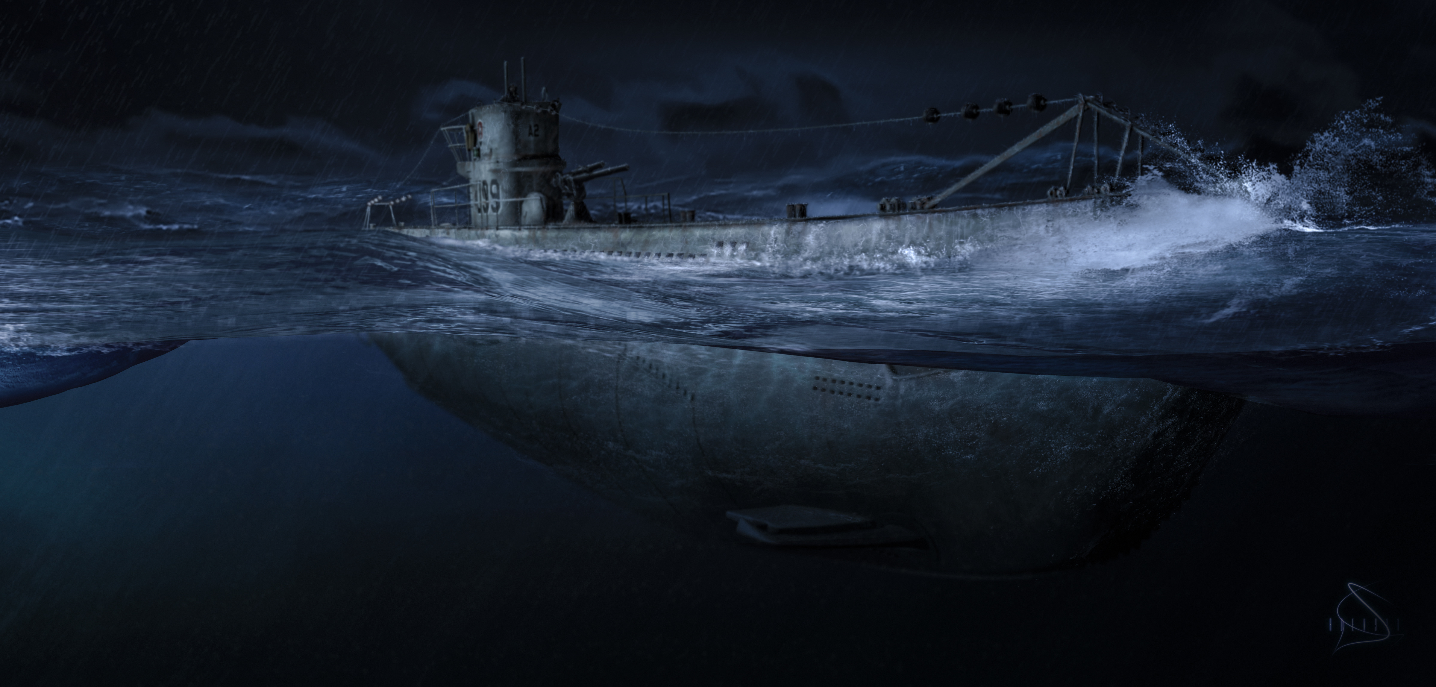 Ocean Night Submarine Art Military Wallpaper