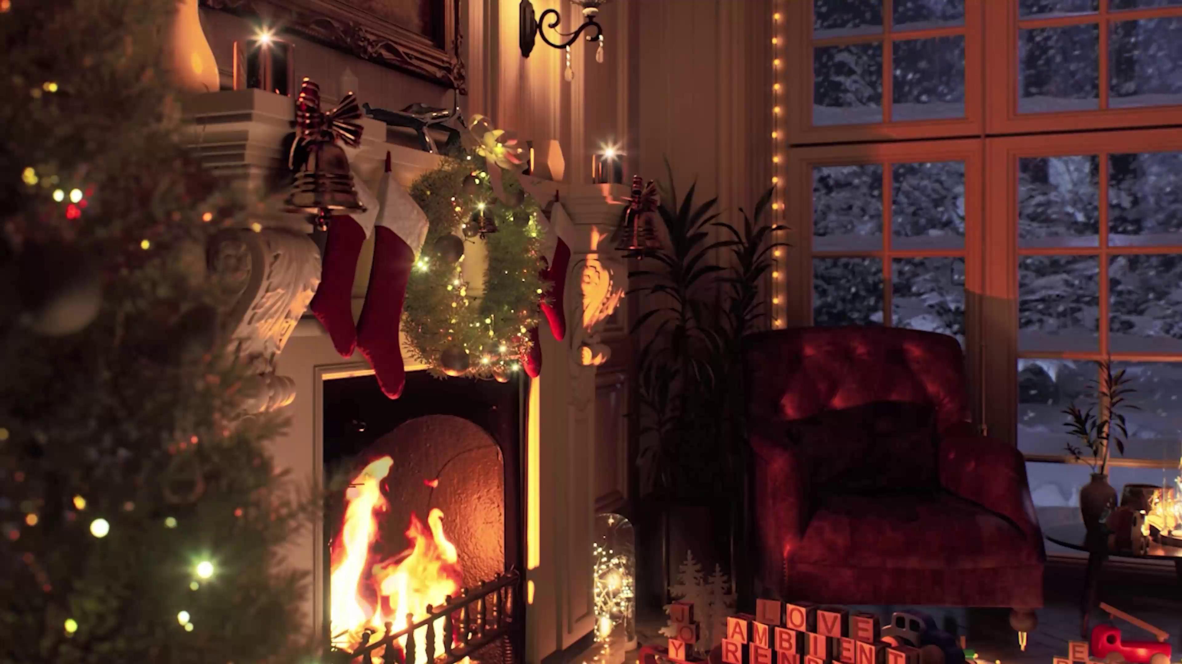 Cozy Christmas scene with fireplace, Christmas tree, and snowy window view, perfect for a live wallpaper