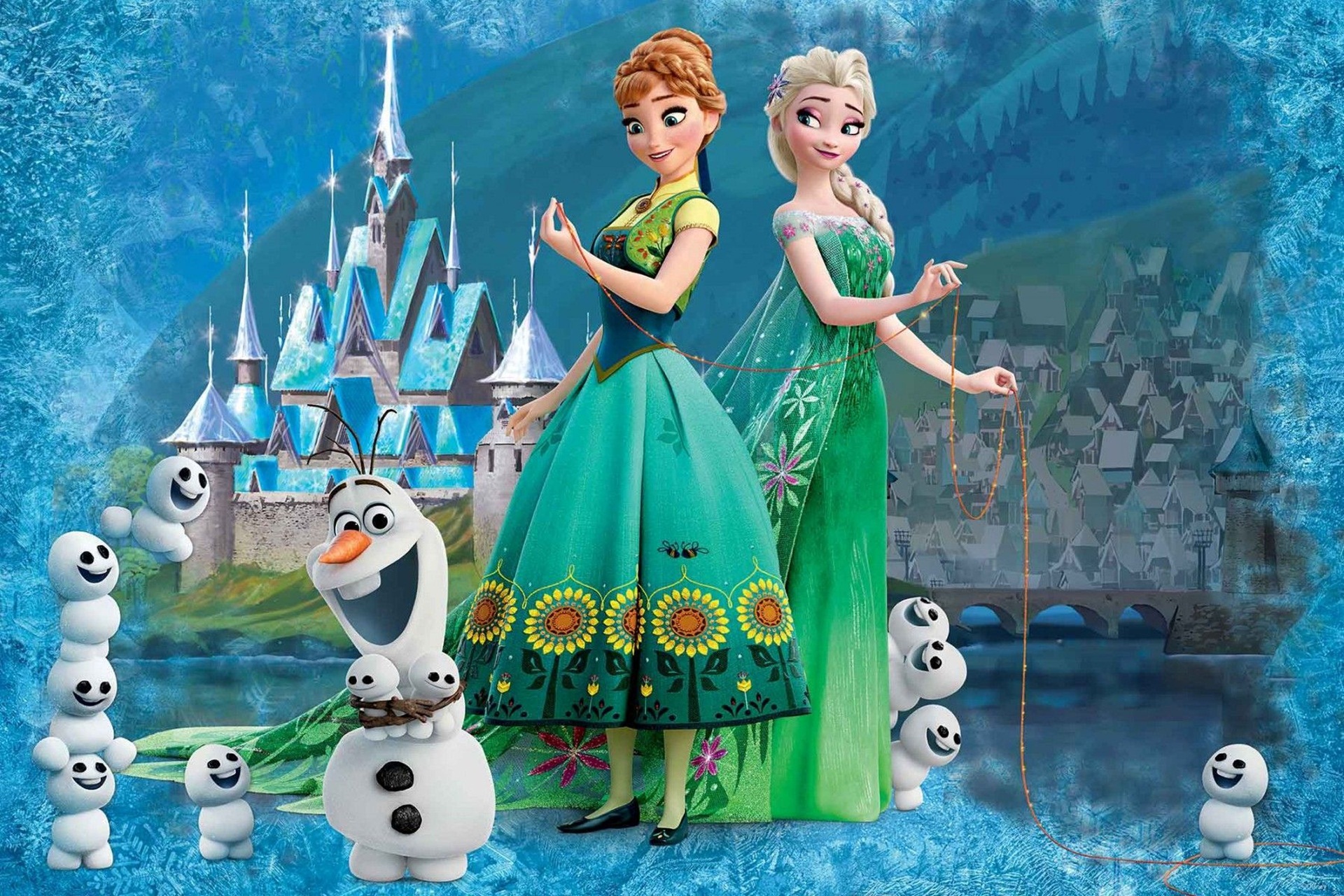 Anna and Elsa from Frozen with Olaf and snowgies in front of Arendelle castle