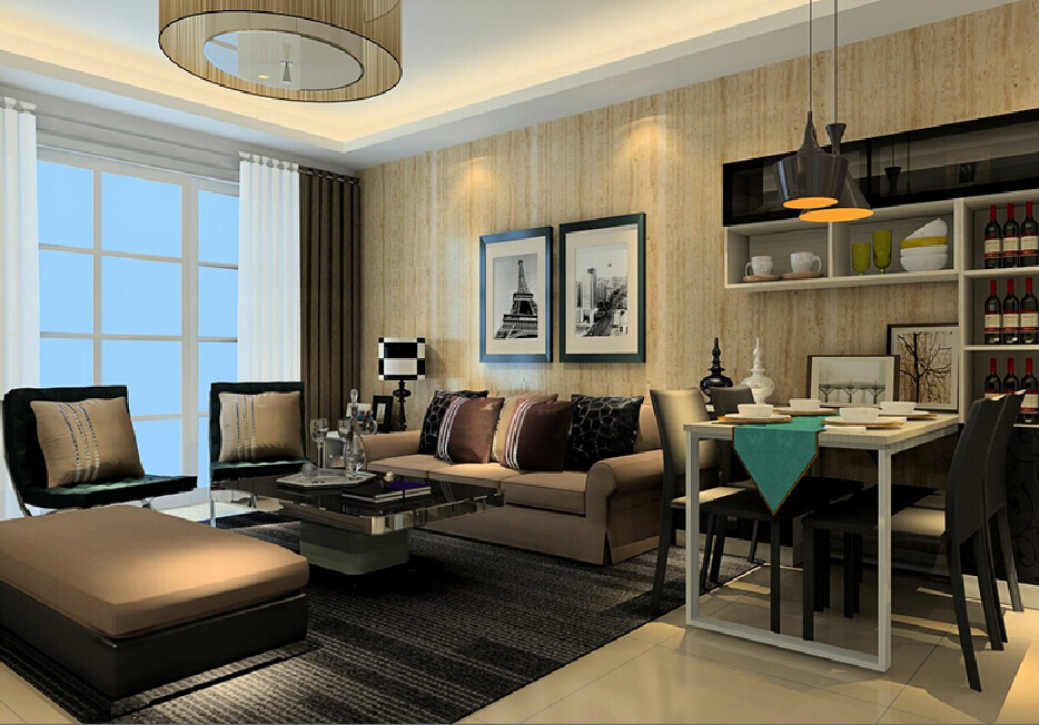 3d Dining Living Room With Wood Grain Wallpaper House