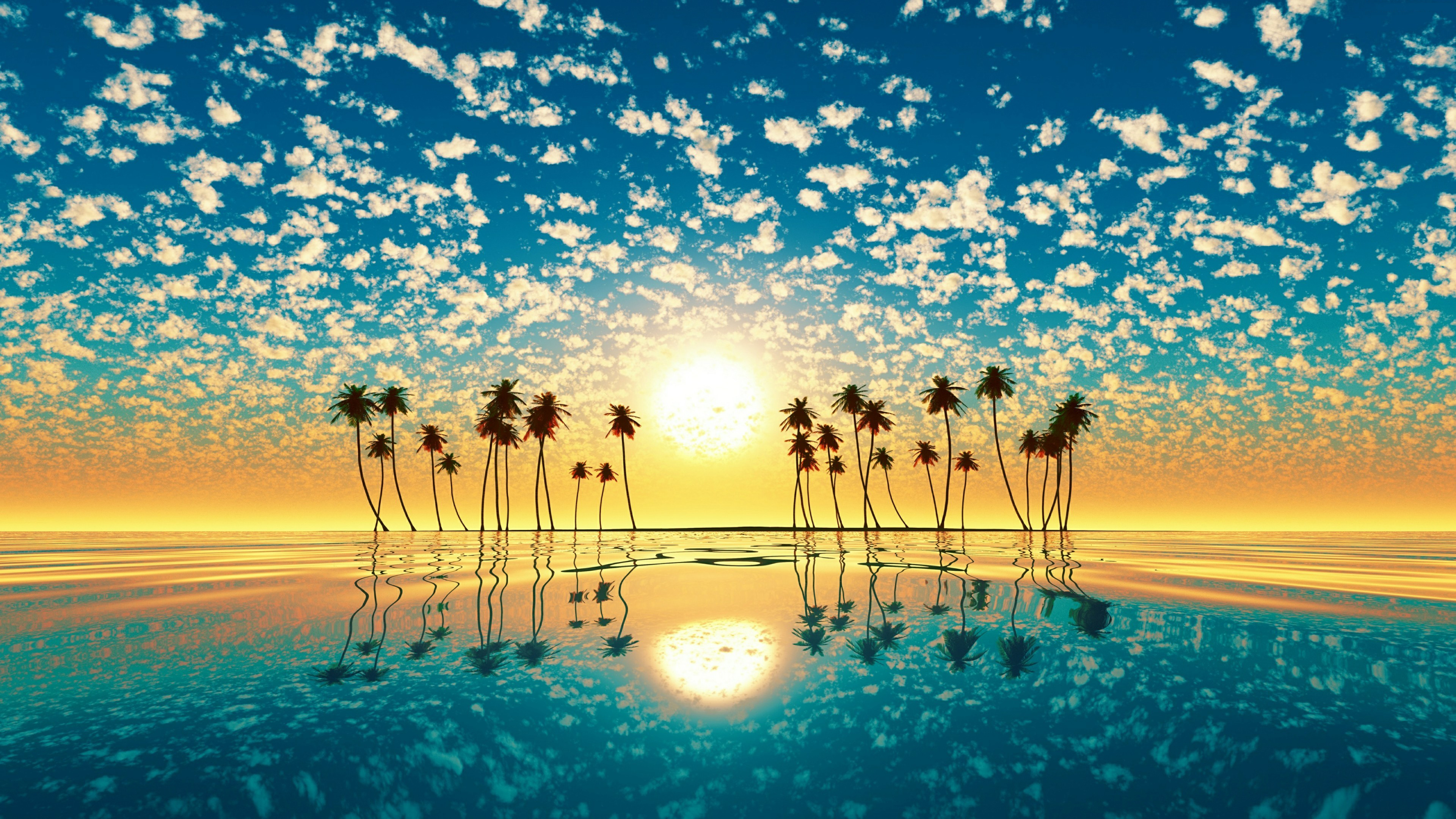 Tropical island sunset with palm trees reflected in calm ocean waters