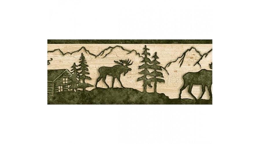 Home Beige and Green Lodge Moose Wallpaper Border