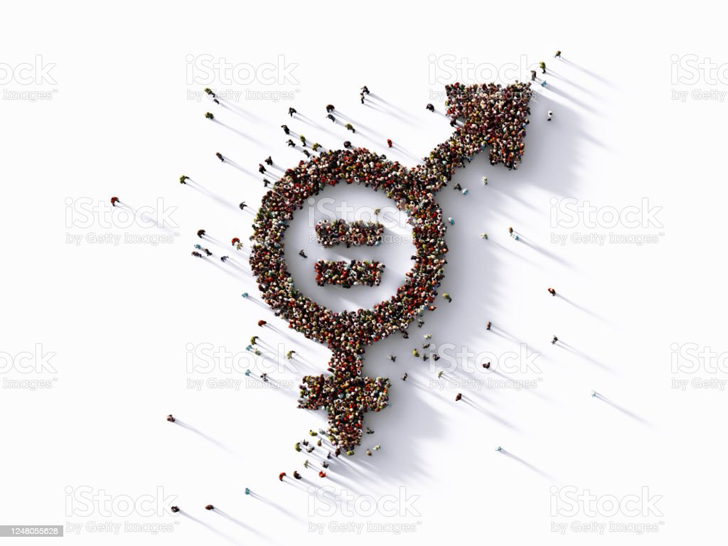 Human Crowd Forming Gender Equality Symbol On White Background