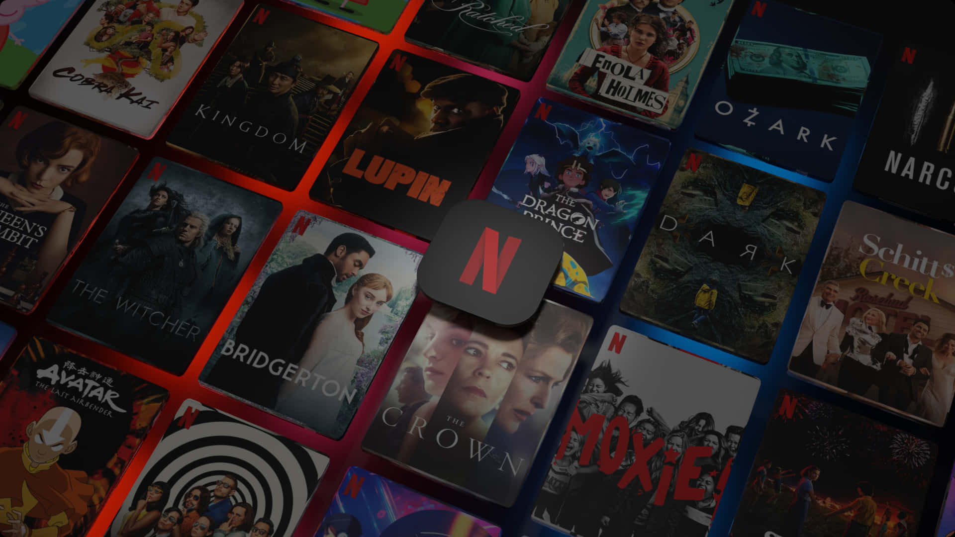 A collage of popular Netflix shows and movies, including Cobra Kai, Kingdom, Lupin, The Witcher, Bridgerton, The Crown, and more, with the Netflix logo in the center