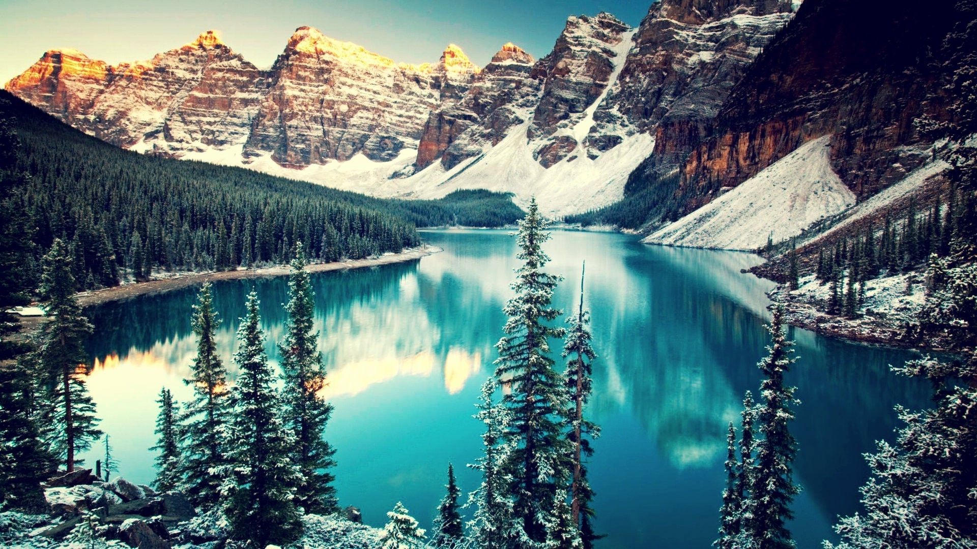 Mountain Trees Snow Water Moraine Lake Canada Forest