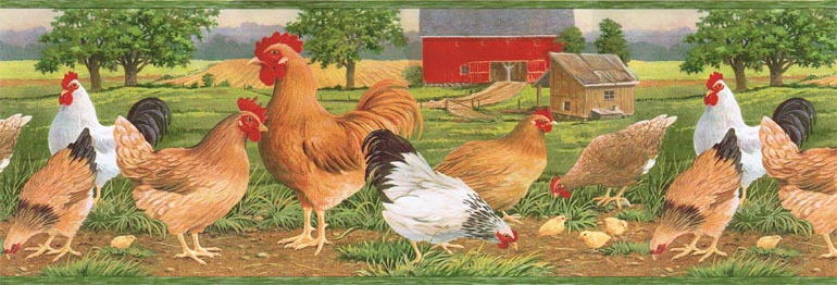 Country Chicken Farm Rooster Hen Barn Wallpaper Border Afr7107
